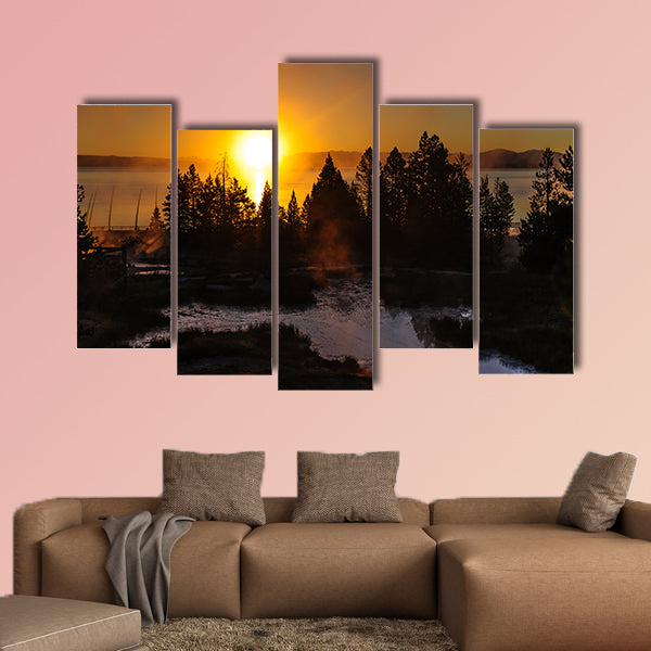 A sunrise in the West Thumb Area in Yellowstone Multi panel canvas wall art