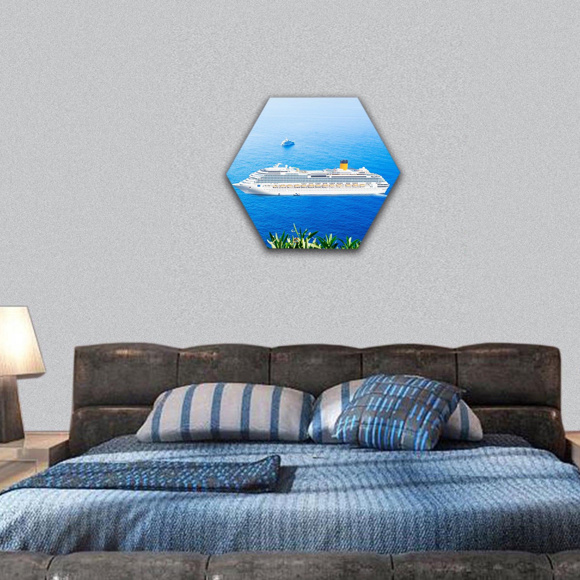 Faraglioni cliffs ,Sea blue water with cruise ship, Capri island, hexagonal canvas wall art