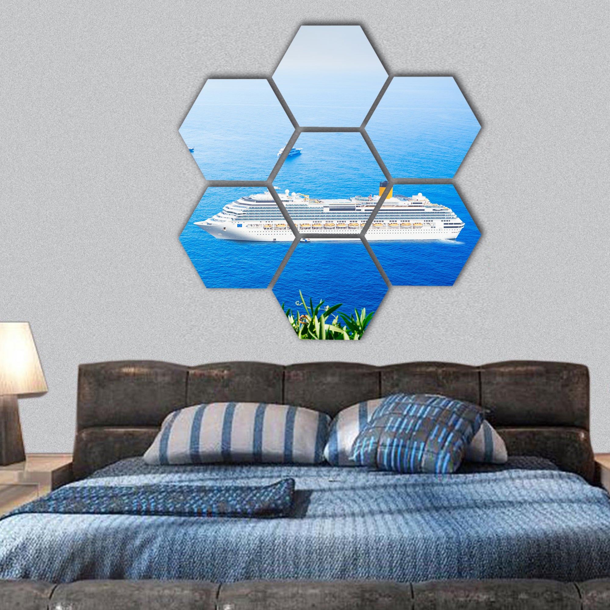 Faraglioni cliffs ,Sea blue water with cruise ship, Capri island, hexagonal canvas wall art
