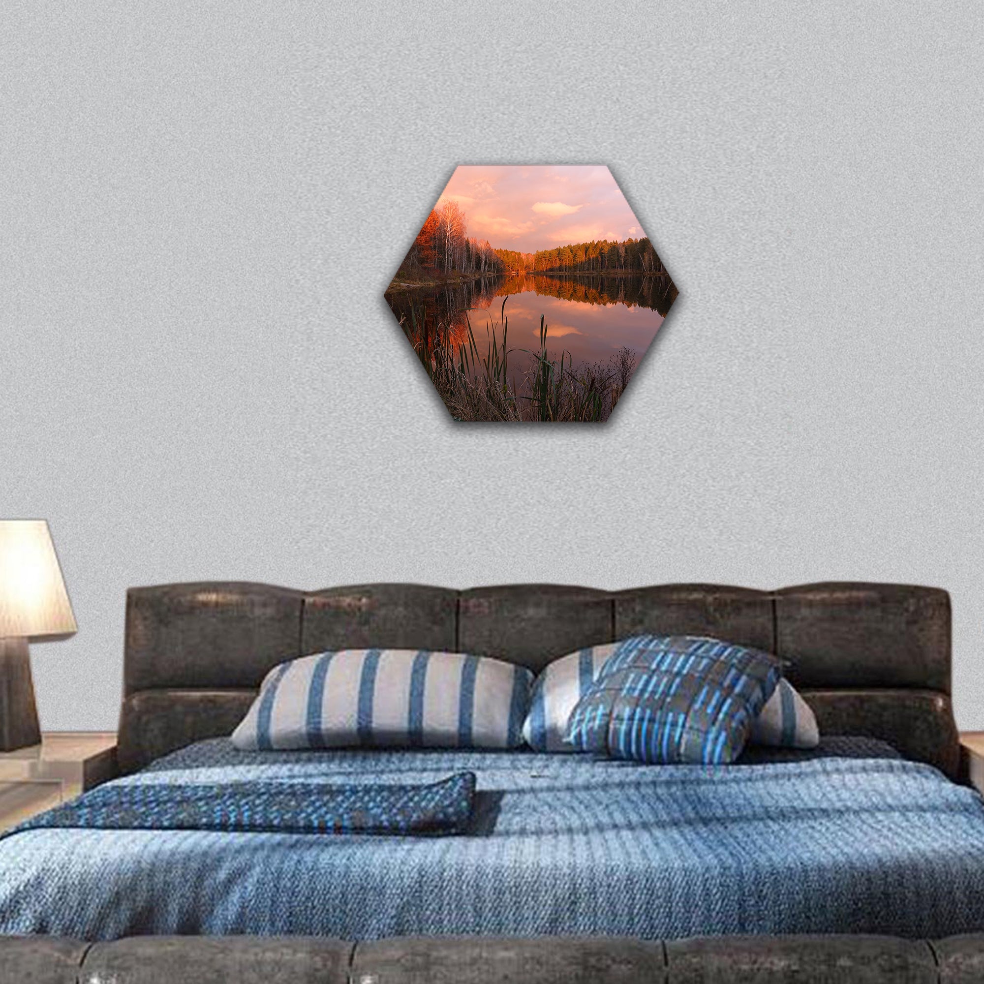 Beautiful forest lake at amazing sunrise hexagonal canvas wall art