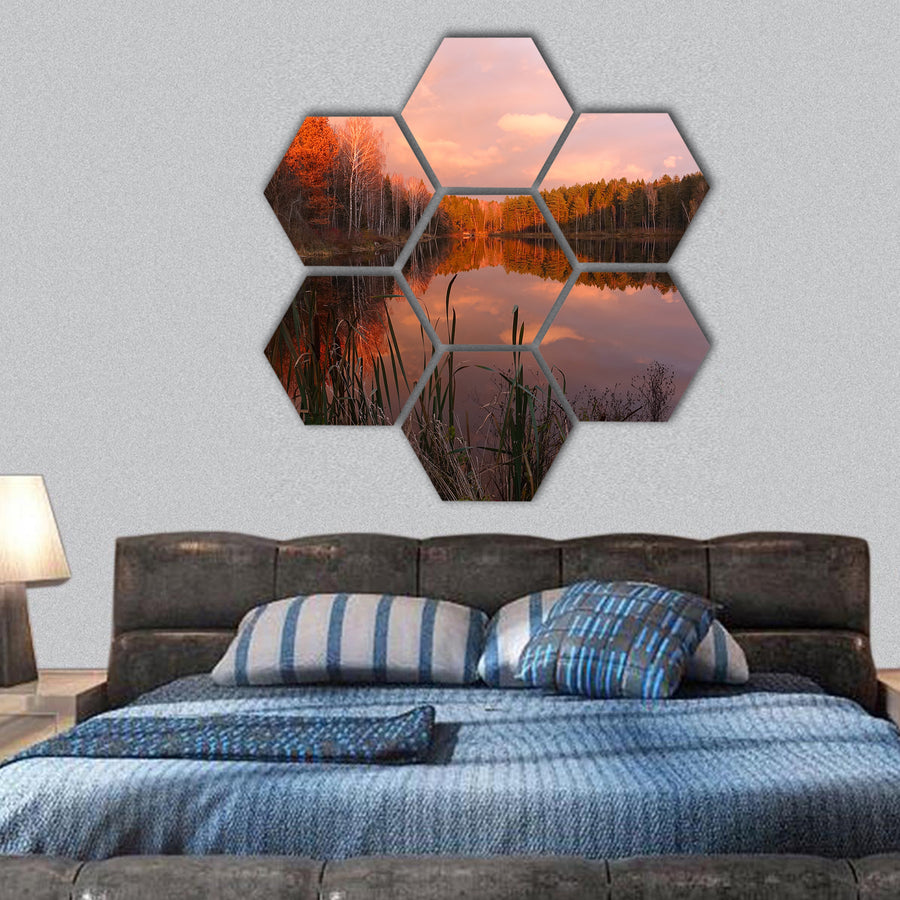 Beautiful forest lake at amazing sunrise hexagonal canvas wall art