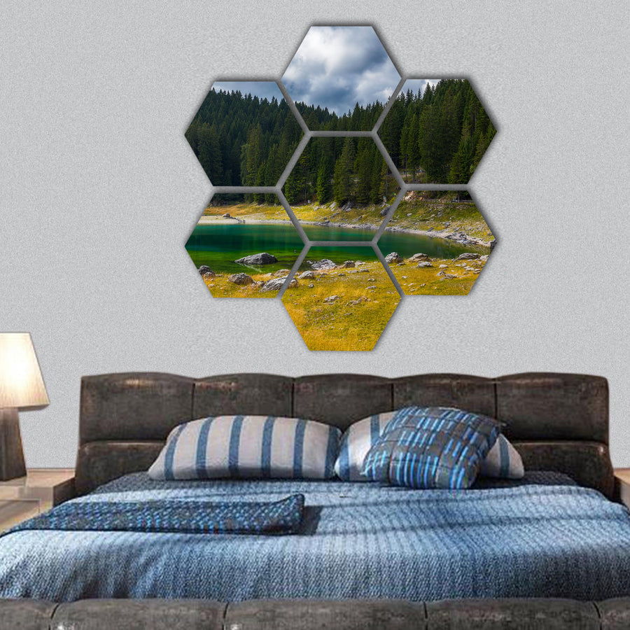 Carezza lake with Mount Latemar, hexagonal canvas wall art