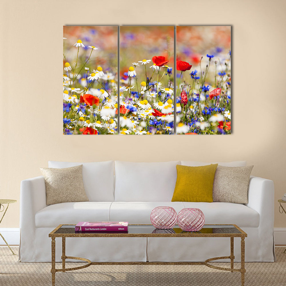 Abundance of blooming wild flowers on the meadow at spring time Multi Panel Canvas Wall Art
