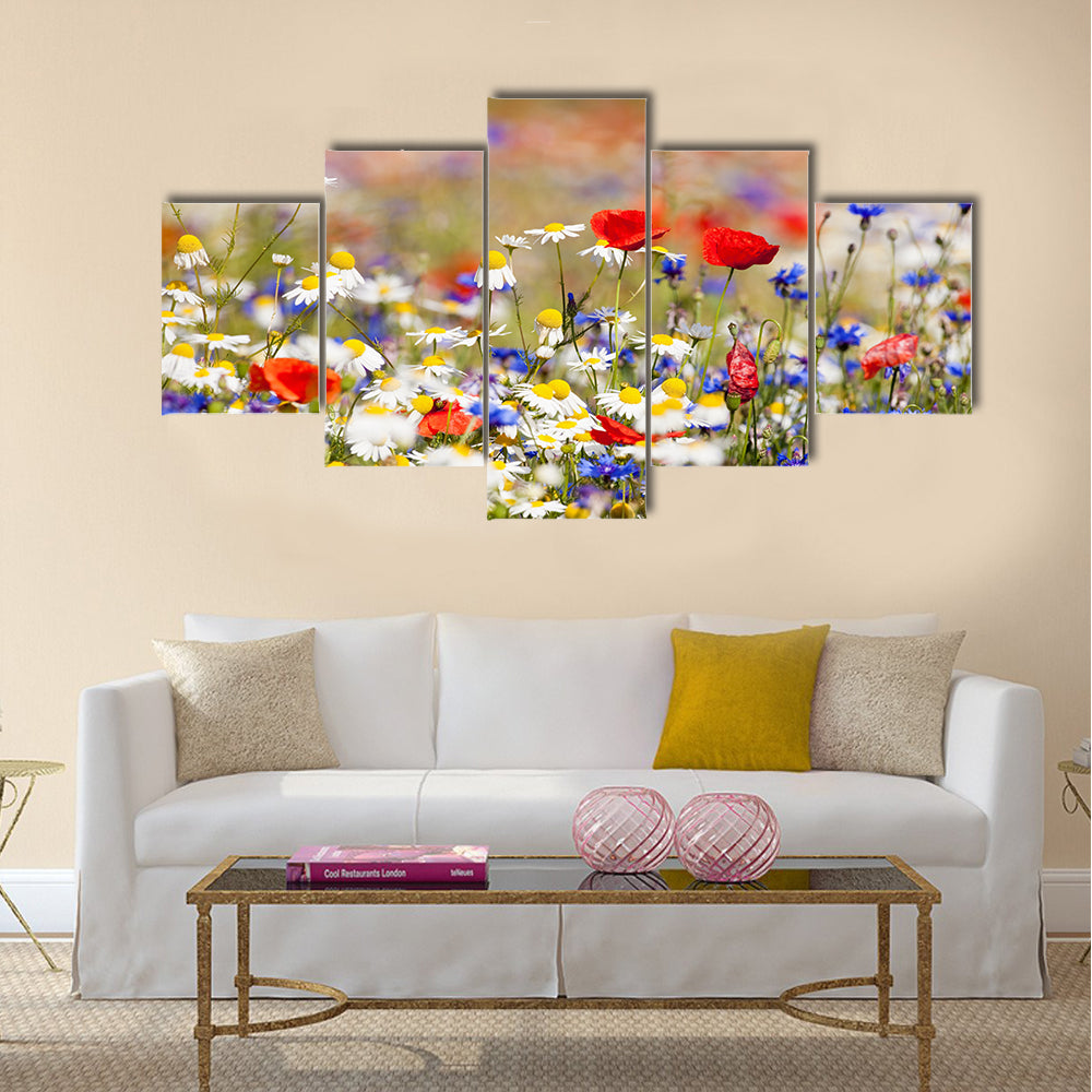Abundance of blooming wild flowers on the meadow at spring time Multi Panel Canvas Wall Art