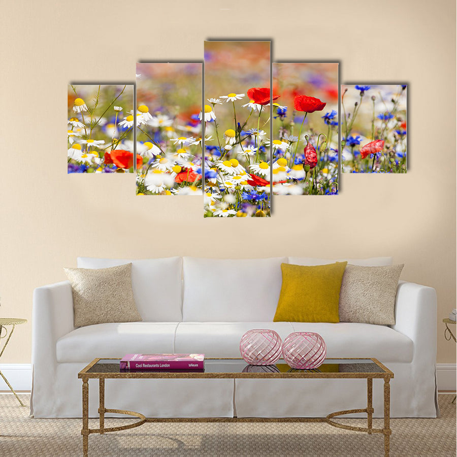 Abundance of blooming wild flowers on the meadow at spring time Multi Panel Canvas Wall Art