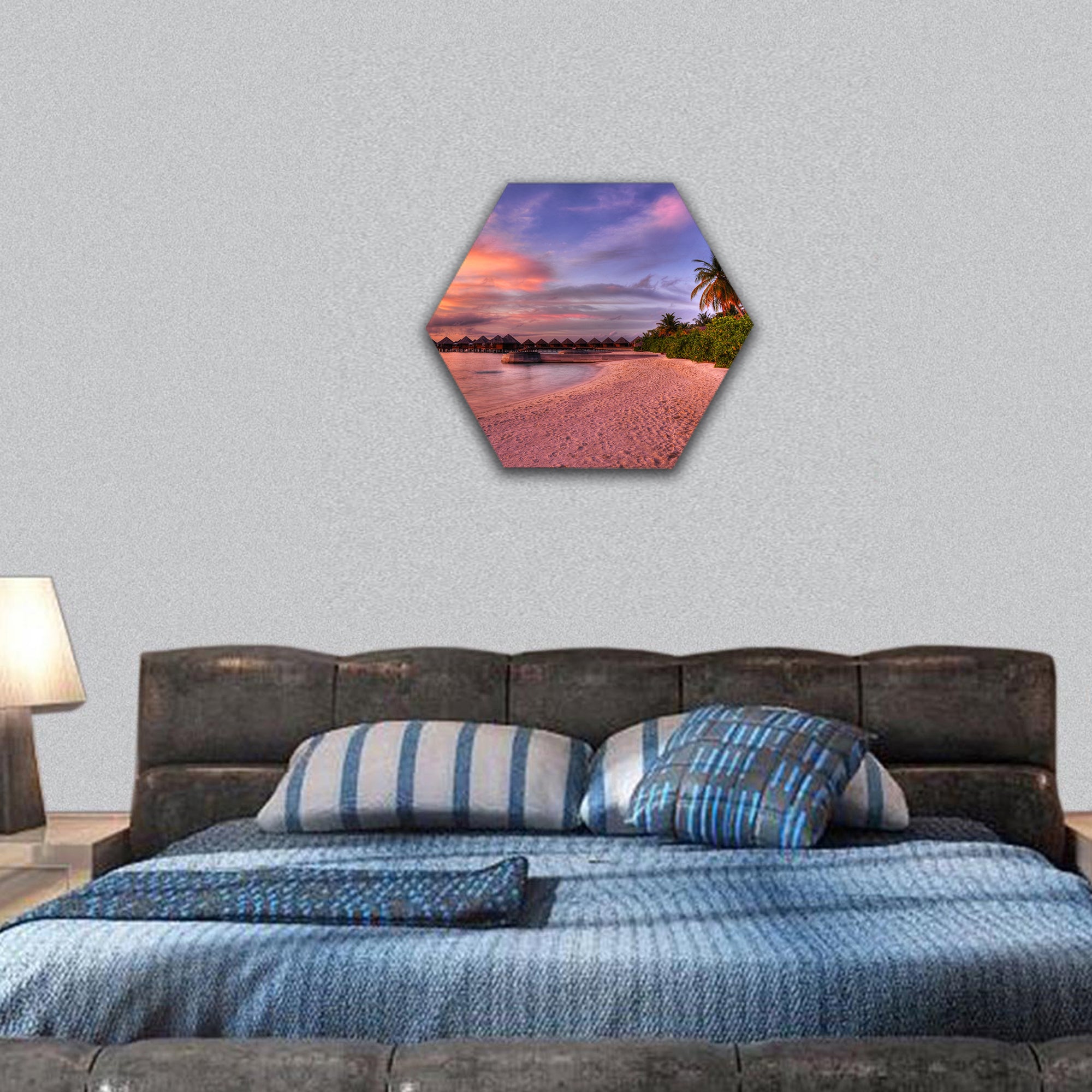 vivid sunset over beach with the water villas hexagonal canvas wall art