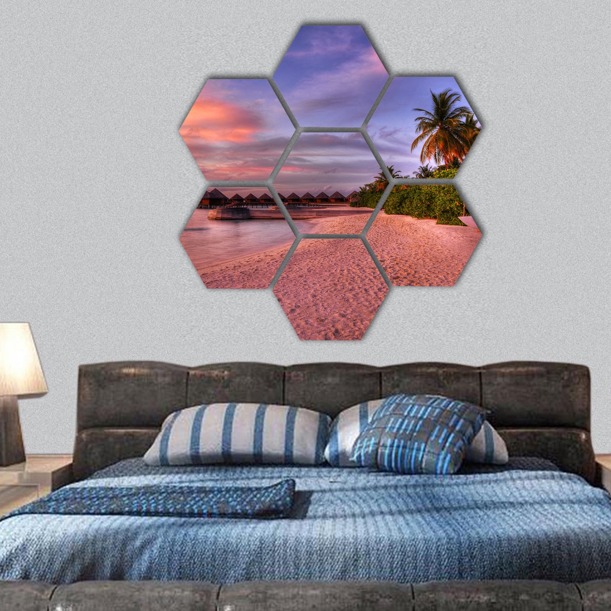vivid sunset over beach with the water villas hexagonal canvas wall art