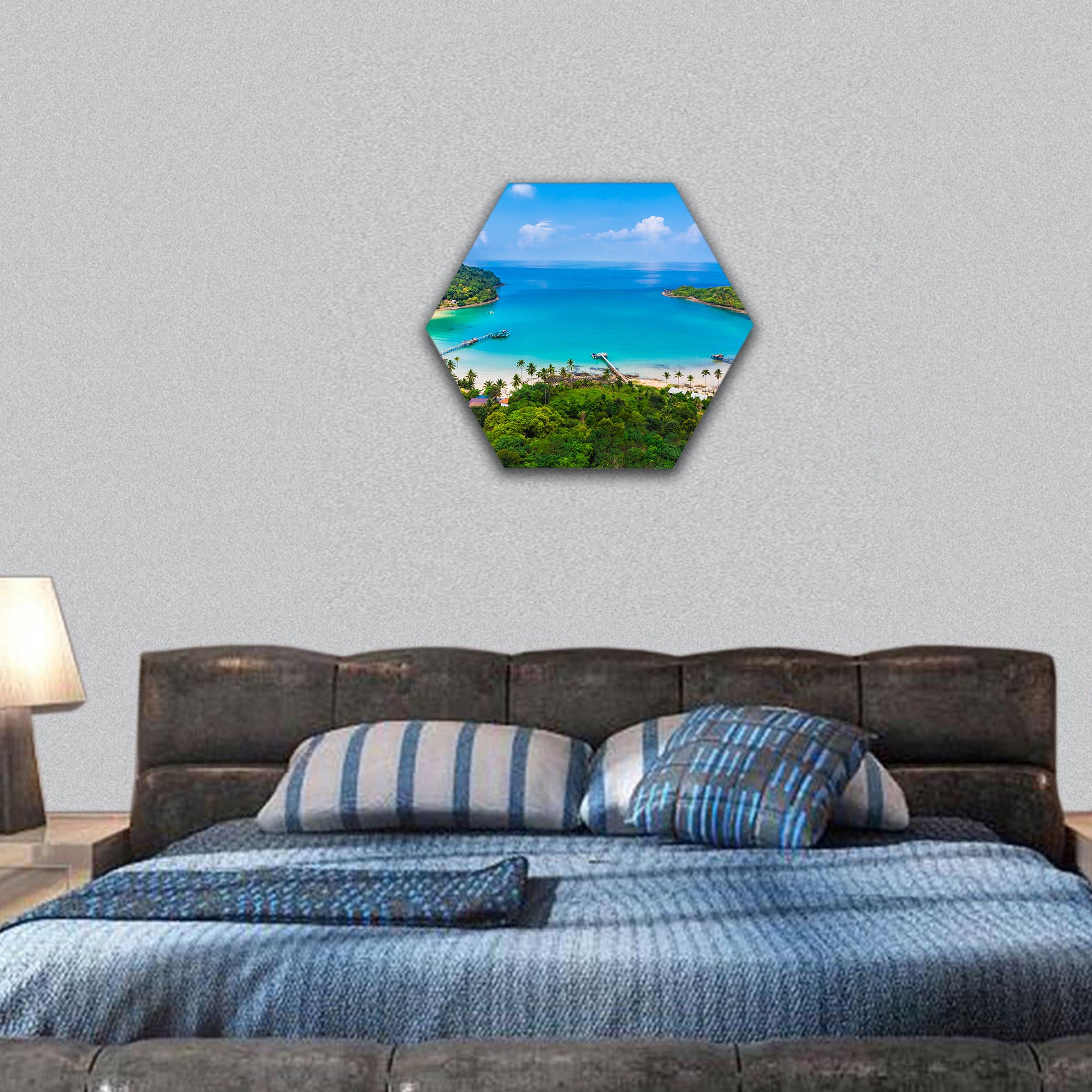 Aerial view of beach and sea with coconut palm tree hexagonal canvas wall art