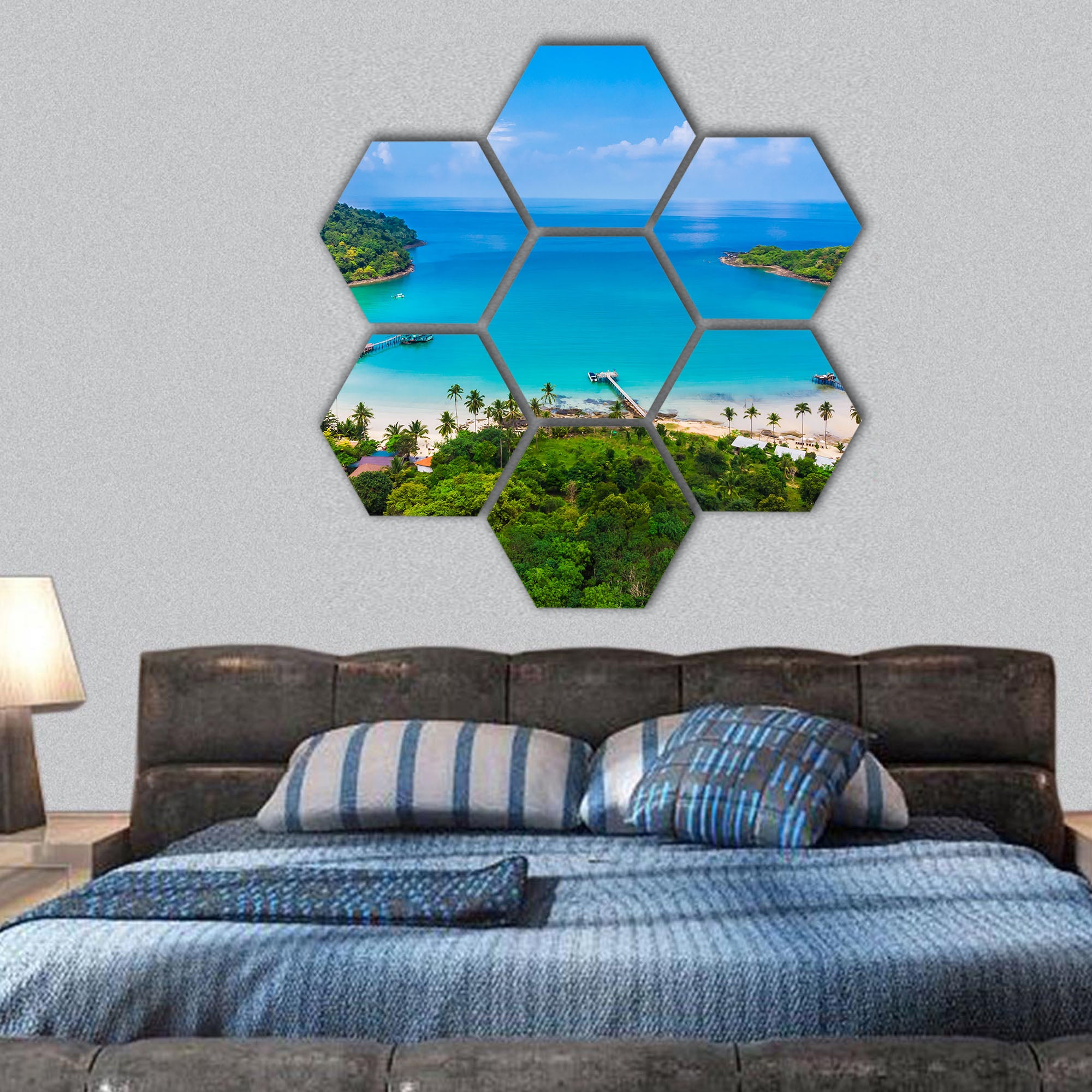 Aerial view of beach and sea with coconut palm tree hexagonal canvas wall art