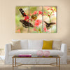 Beautiful tropical butterflies on a red flowers Multi Panel Canvas Wall Art