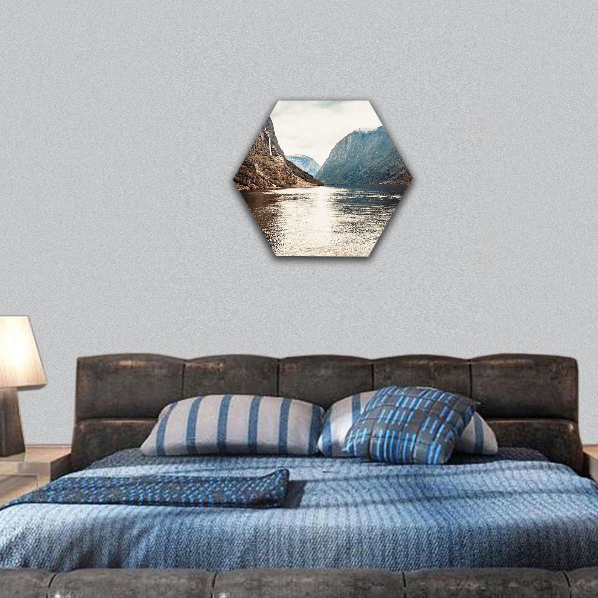 Mountains and fjord Sognefjord in Norway hexagonal canvas wall art