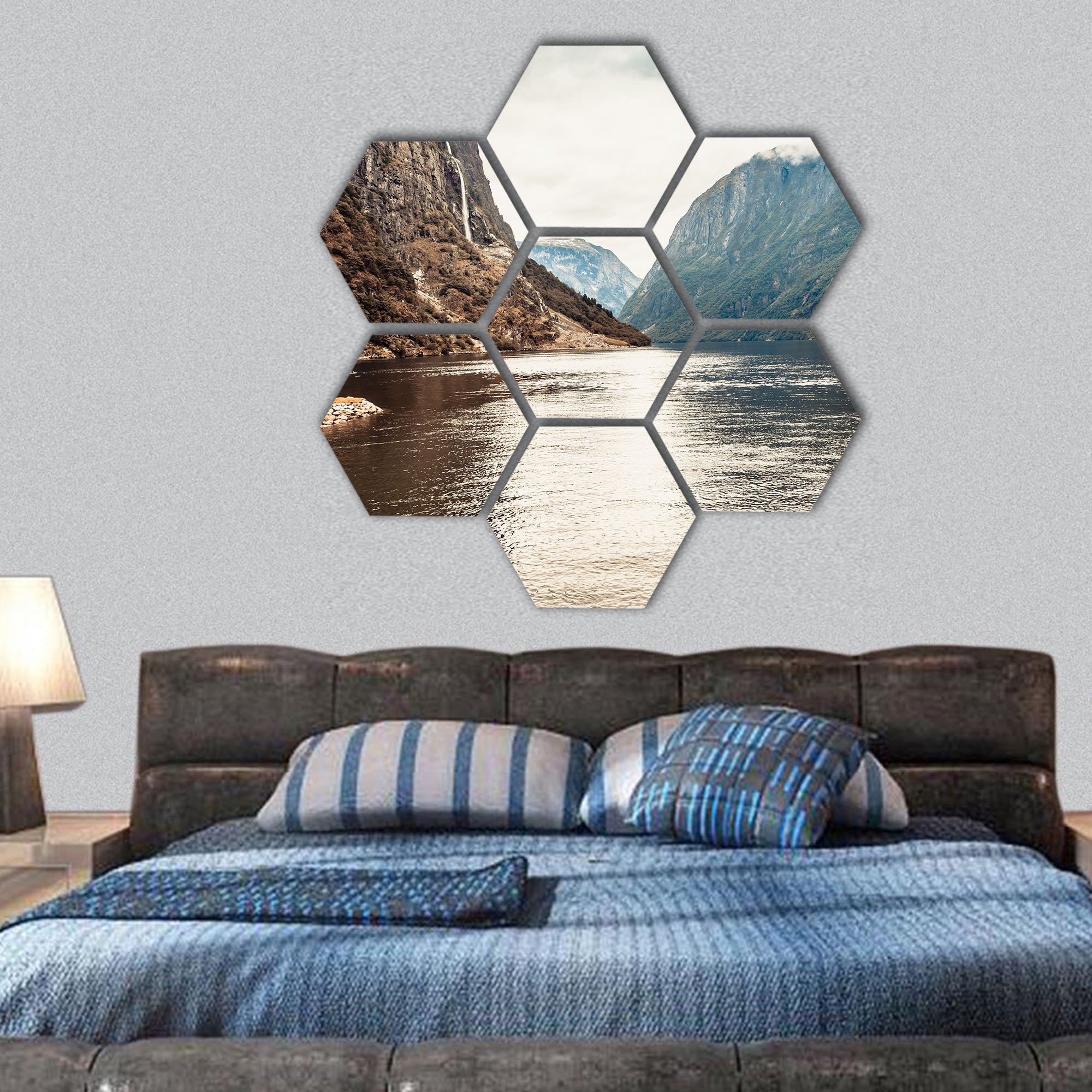 Mountains and fjord Sognefjord in Norway hexagonal canvas wall art
