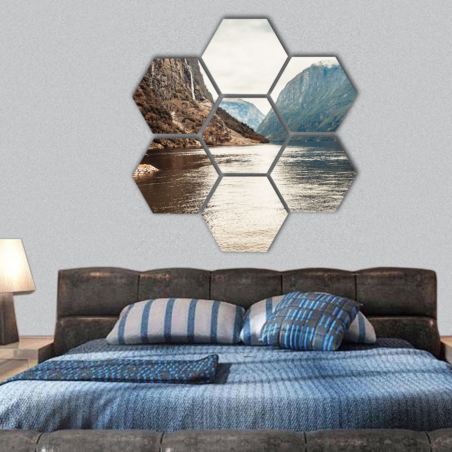 Mountains and fjord Sognefjord in Norway hexagonal canvas wall art