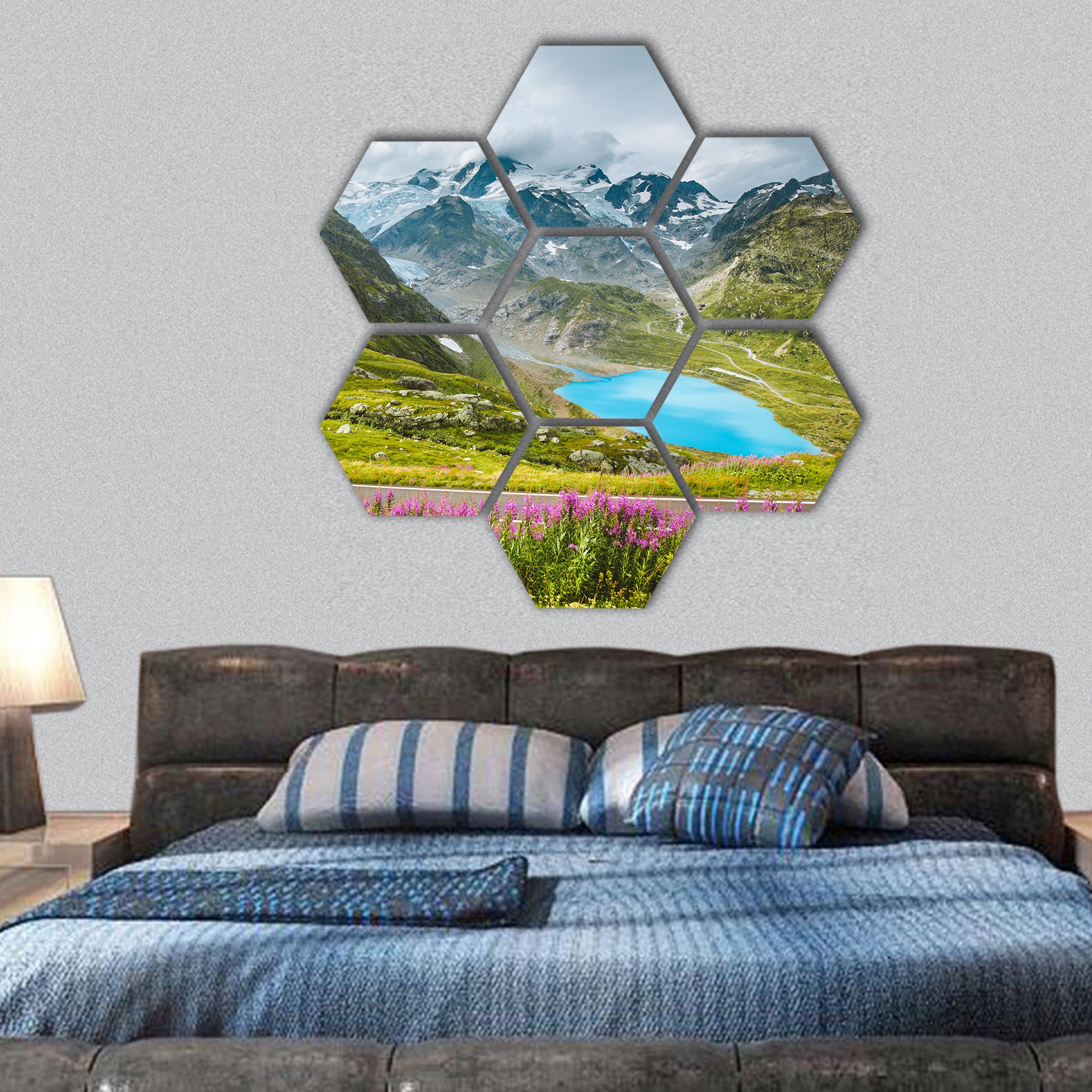 Winding mountain pass road in the Alps lakes hexagonal canvas wall art