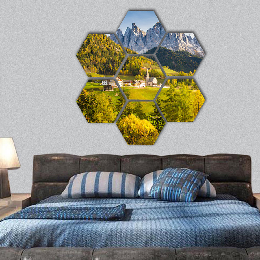 Idyllic mountain scenery in Italy hexagonal canvas wall art