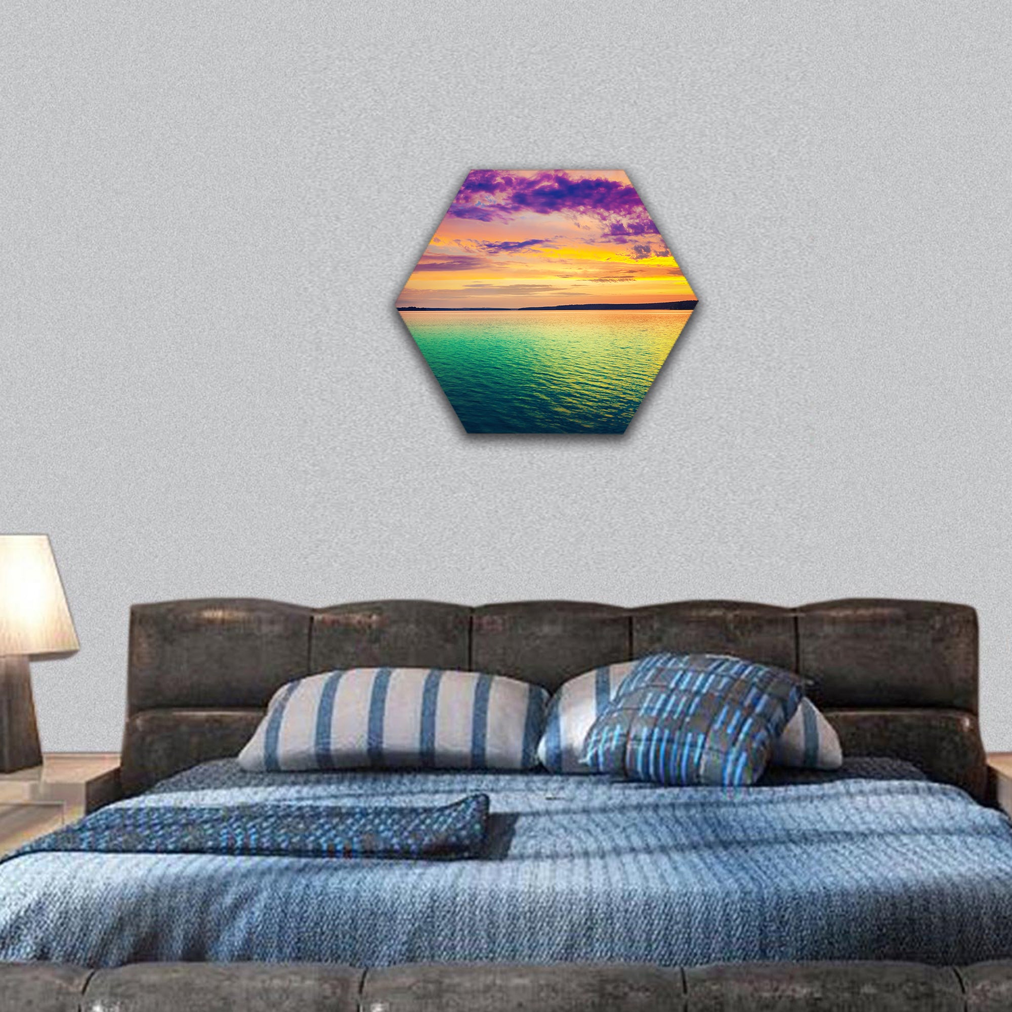 Sunset over the river in Russia hexagonal canvas wall art
