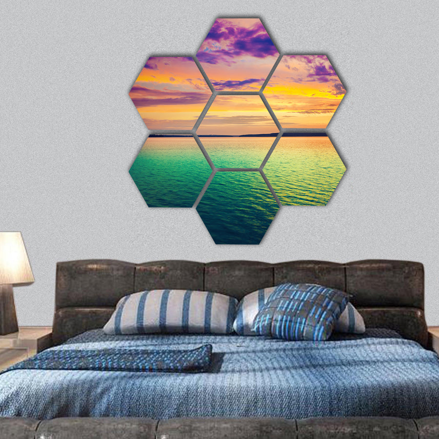 Sunset over the river in Russia hexagonal canvas wall art