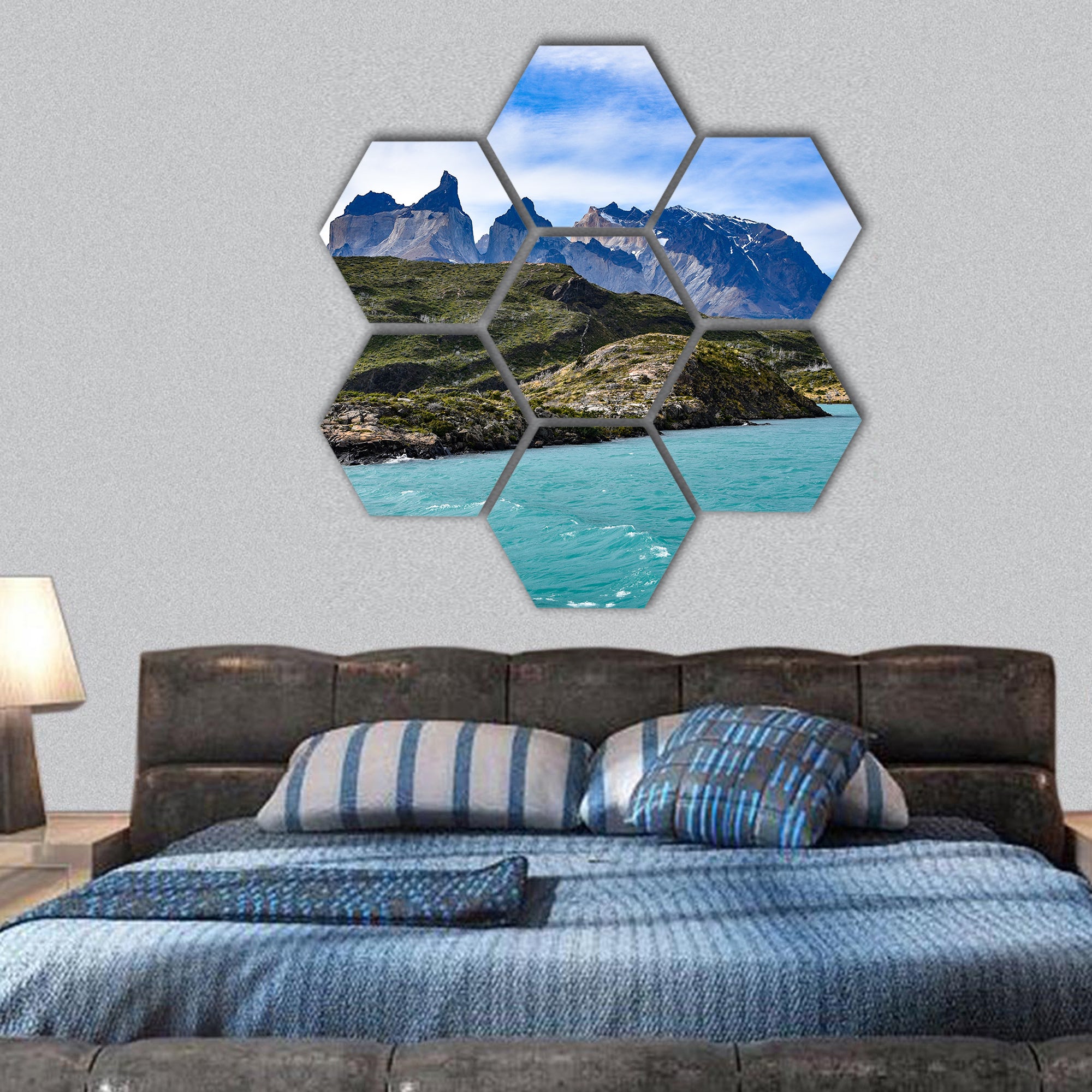 Lake Pehoe and Los Cuernos Chile hexagonal canvas wall art