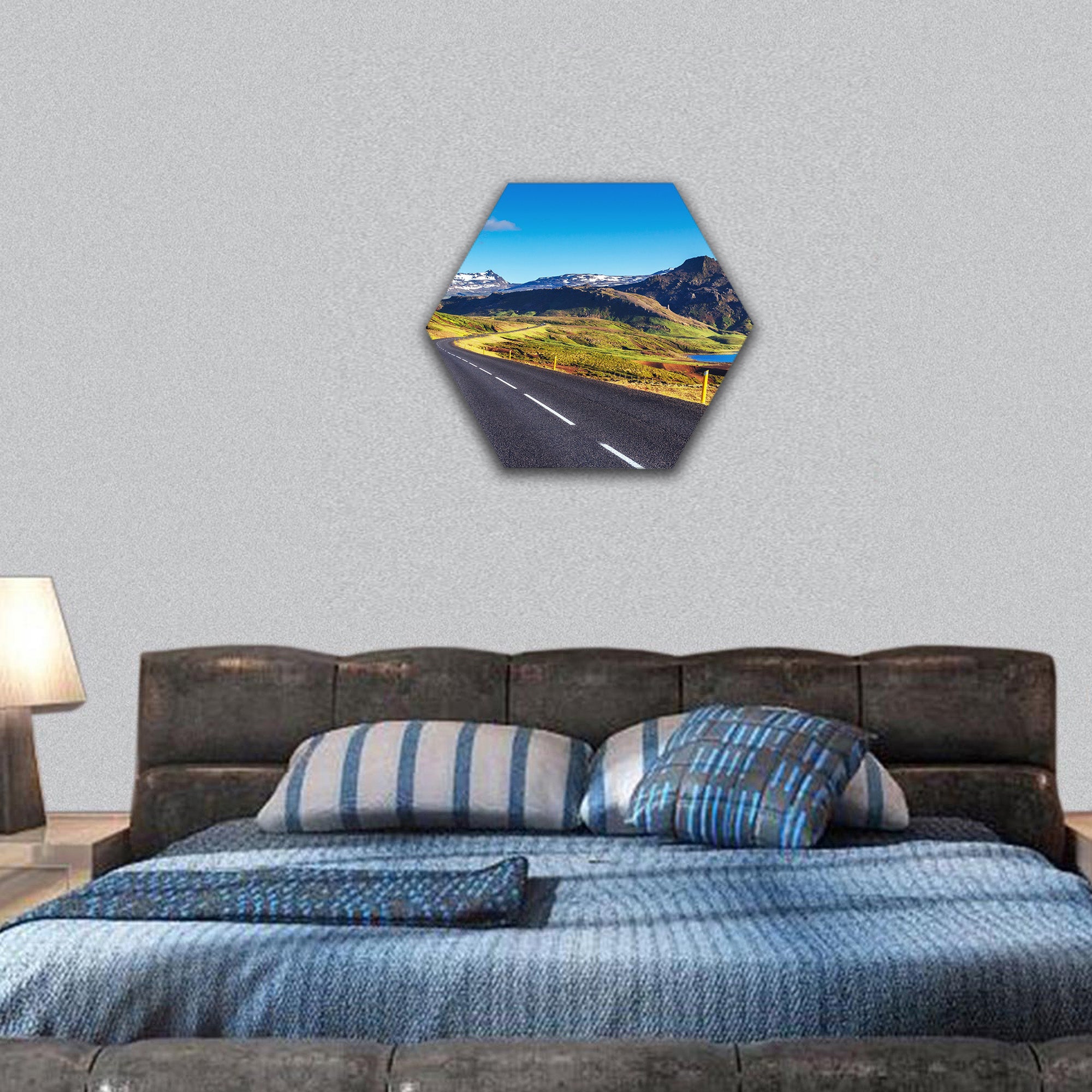 Asphalt road to the mountains Iceland hexagonal canvas wall art