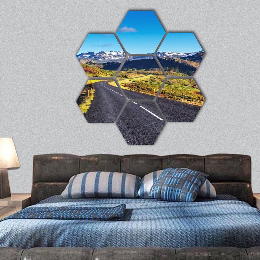 Asphalt road to the mountains Iceland hexagonal canvas wall art