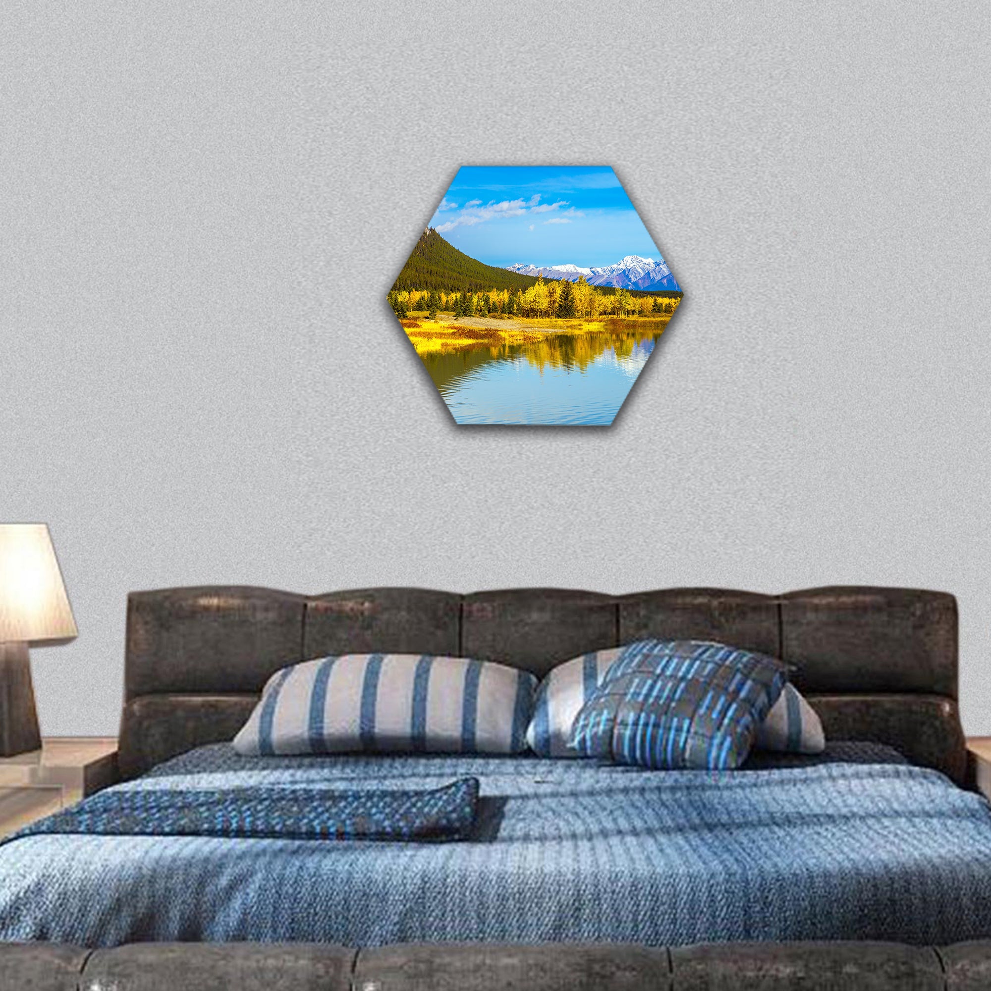 Birds fly over the Rocky Mountains, Abraham lake hexagonal canvas wall art
