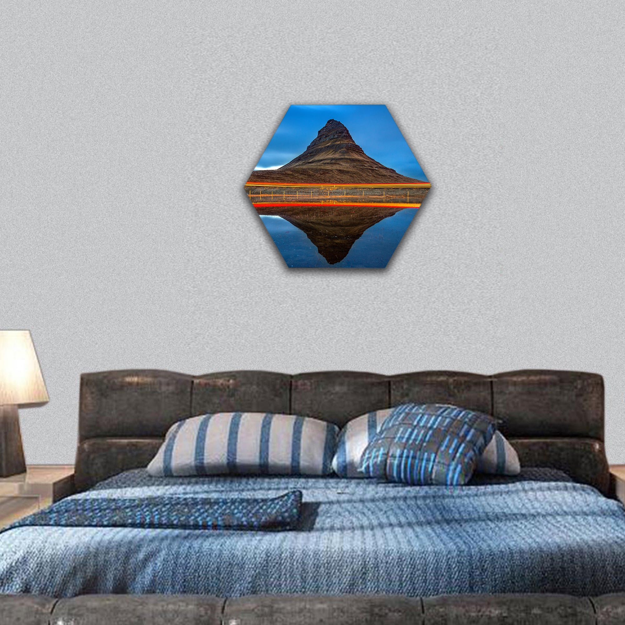 Kirkjufell mountains and reflection, Iceland hexagonal canvas wall art