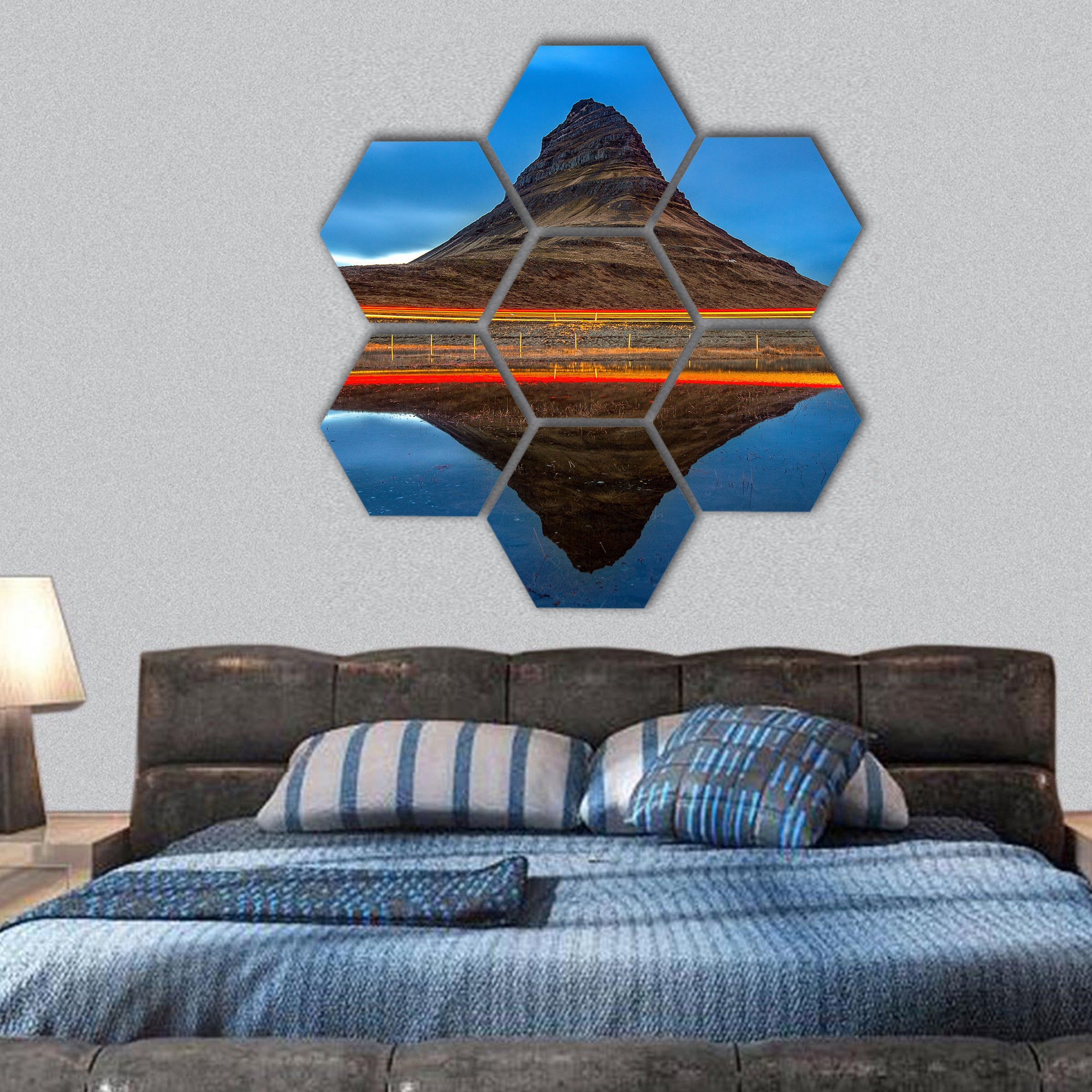 Kirkjufell mountains and reflection, Iceland hexagonal canvas wall art