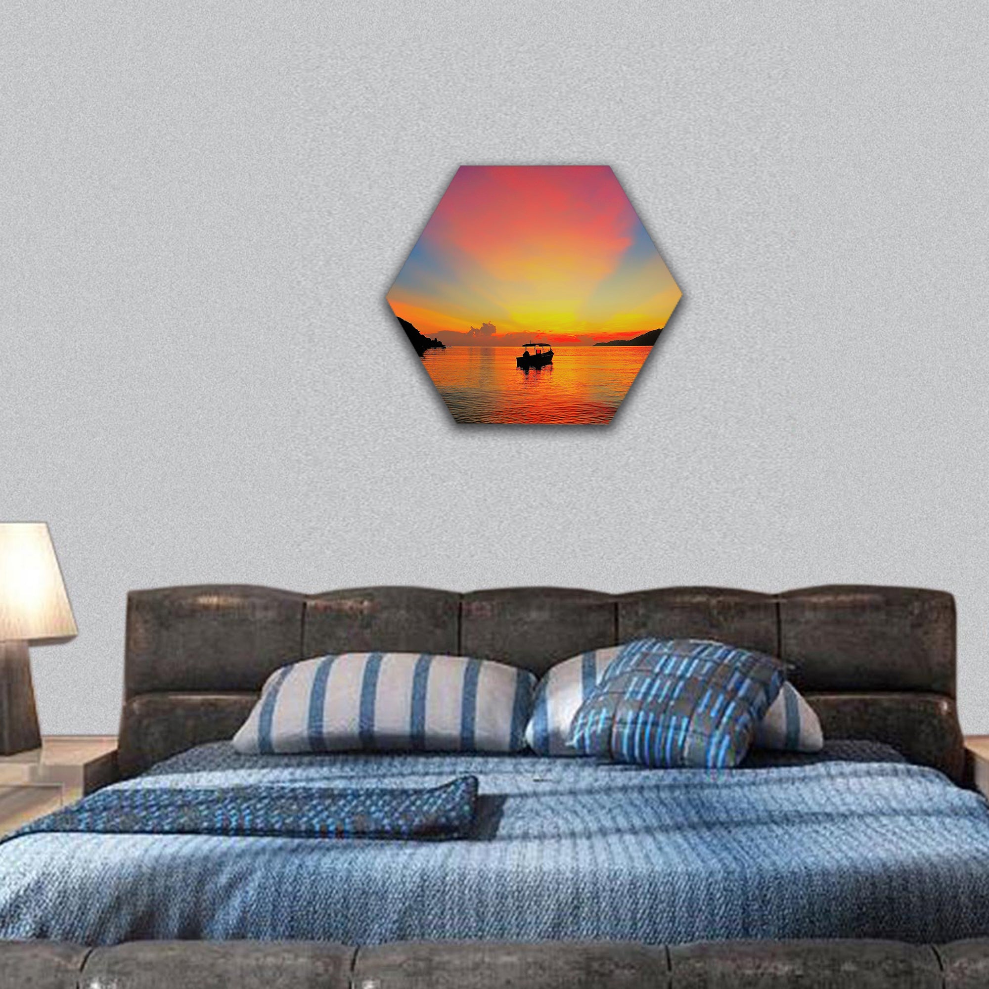 Ray of light during sunrise at tropical beach hexagonal canvas wall art