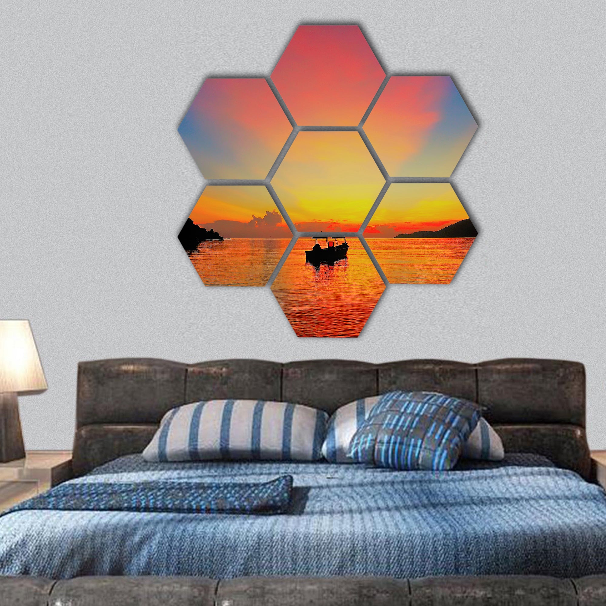 Ray of light during sunrise at tropical beach hexagonal canvas wall art