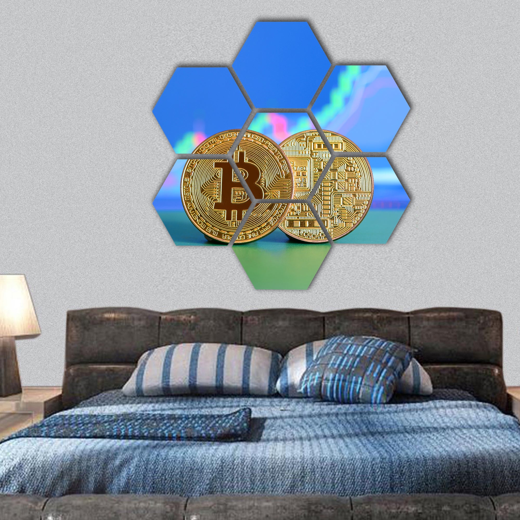 Two gold bitcoins hexagonal canvas wall art