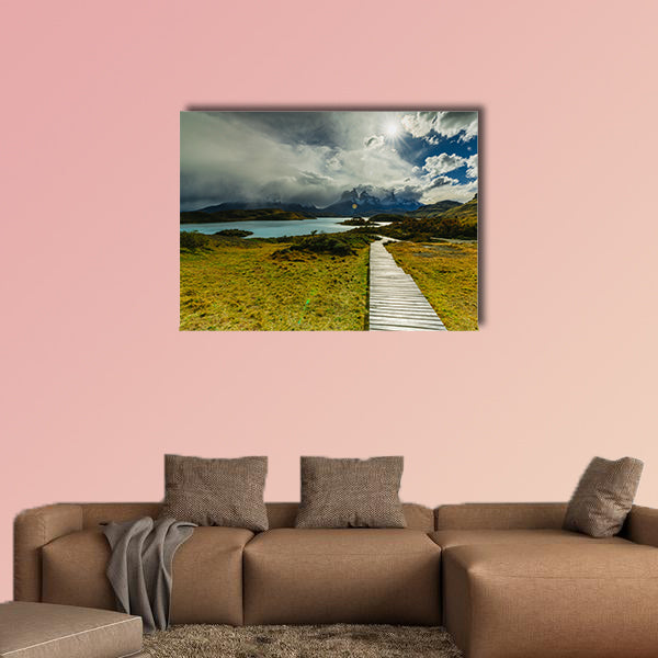 View of a wooden path and mountains in the Torres del Paine wall art