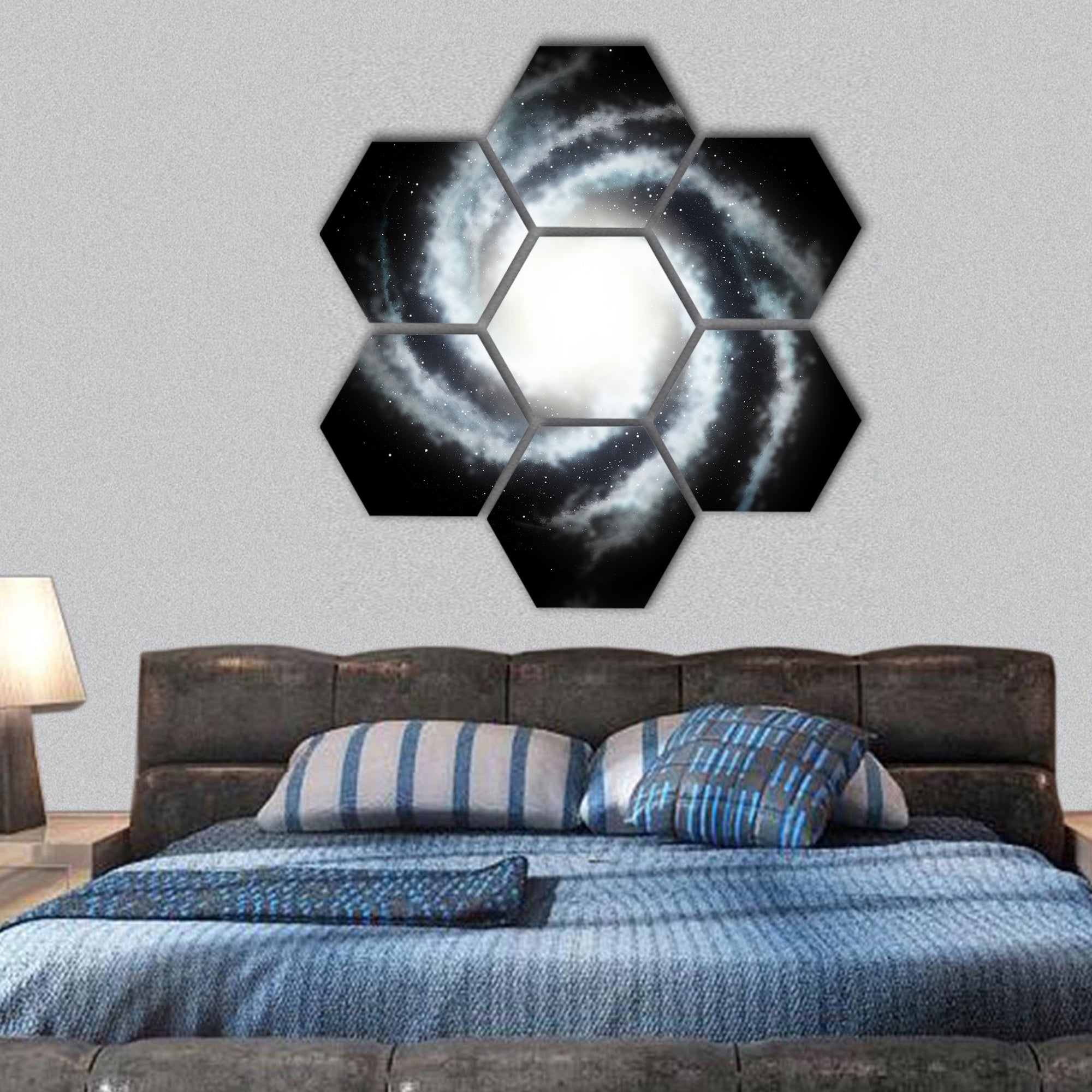 Mysterious helicoid galaxy and the black star sky hexagonal canvas wall art