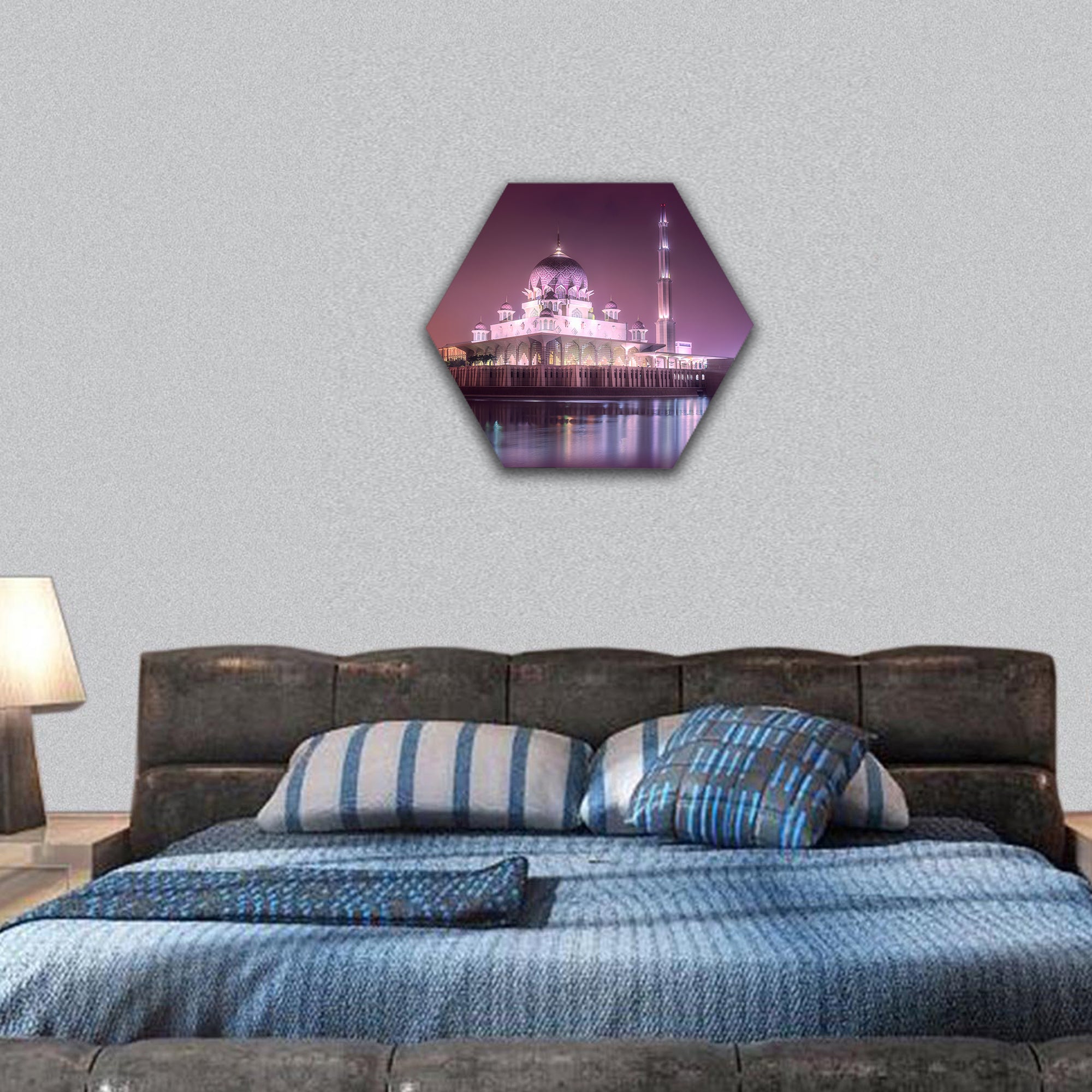 Putra Mosque with night lighting in Putrajaya hexagonal canvas wall art