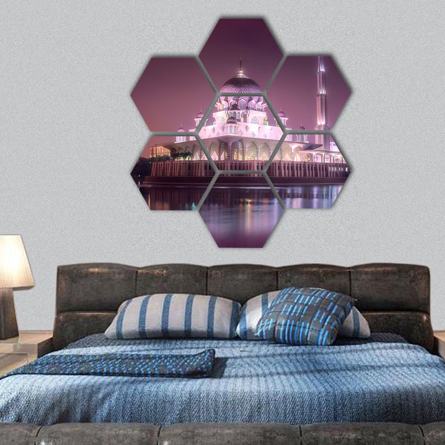 Putra Mosque with night lighting in Putrajaya hexagonal canvas wall art
