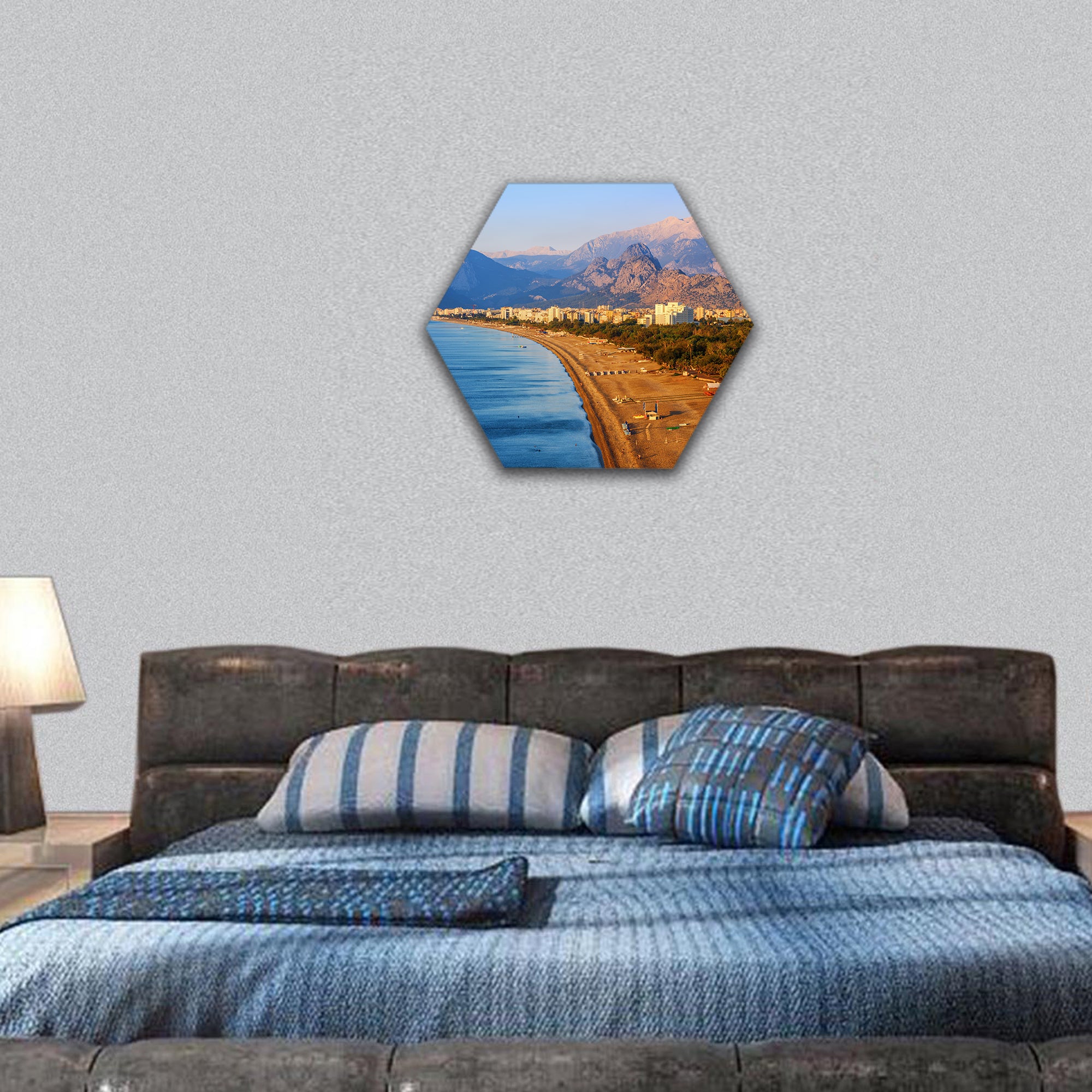 Konyaalti sand beach and Taurus mountains, Turkey hexagonal canvas wall art