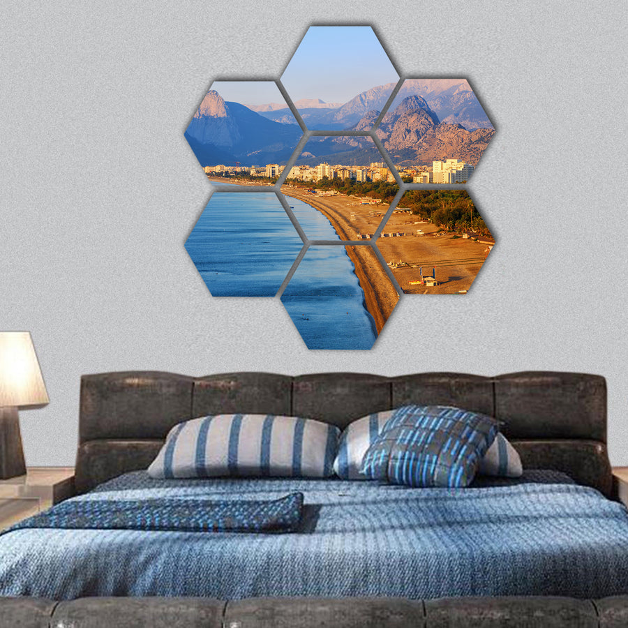 Konyaalti sand beach and Taurus mountains, Turkey hexagonal canvas wall art