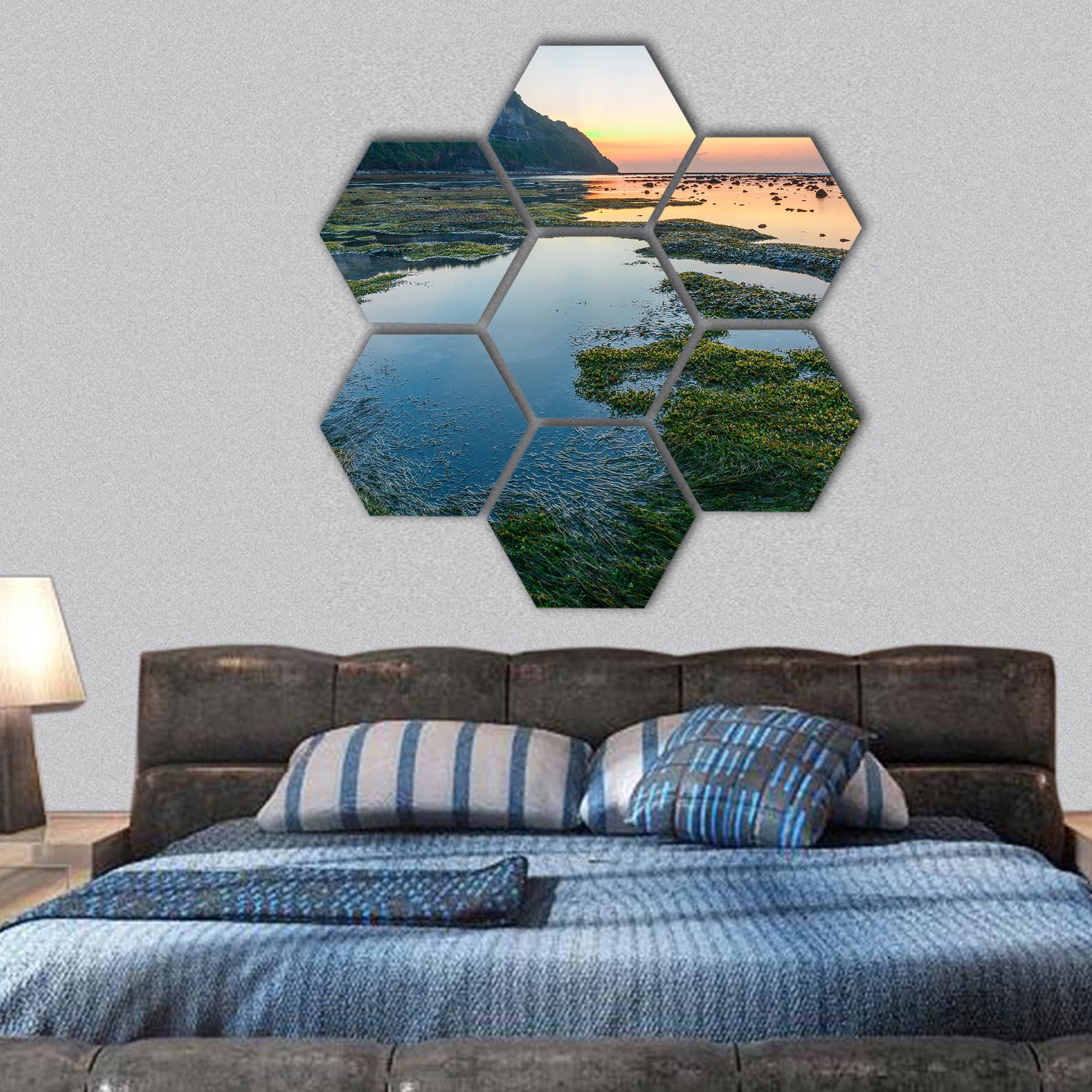 Green rocks beach at Bali, Indonesia hexagonal canvas wall art