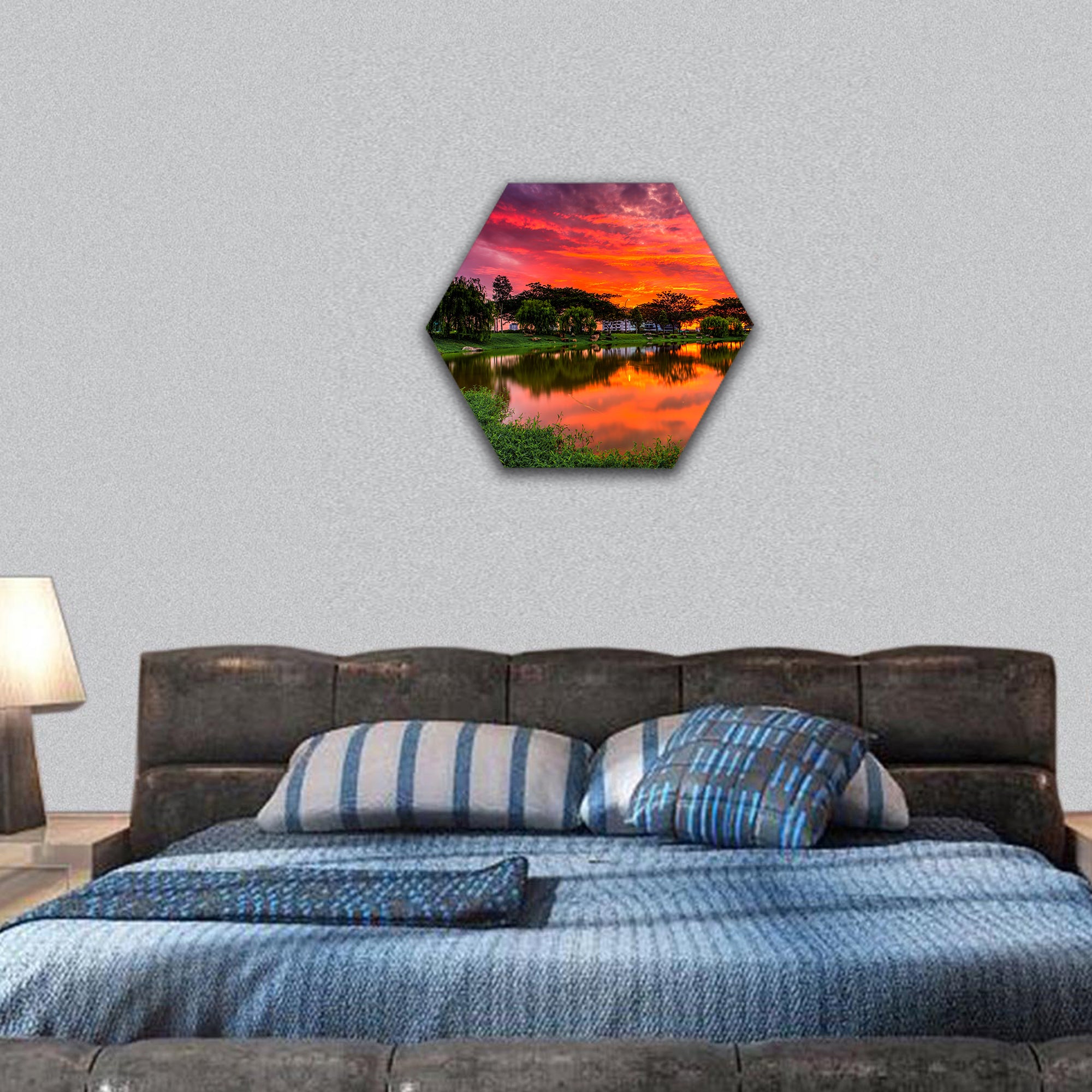 Sunset with Reflection of tree hexagonal canvas wall art