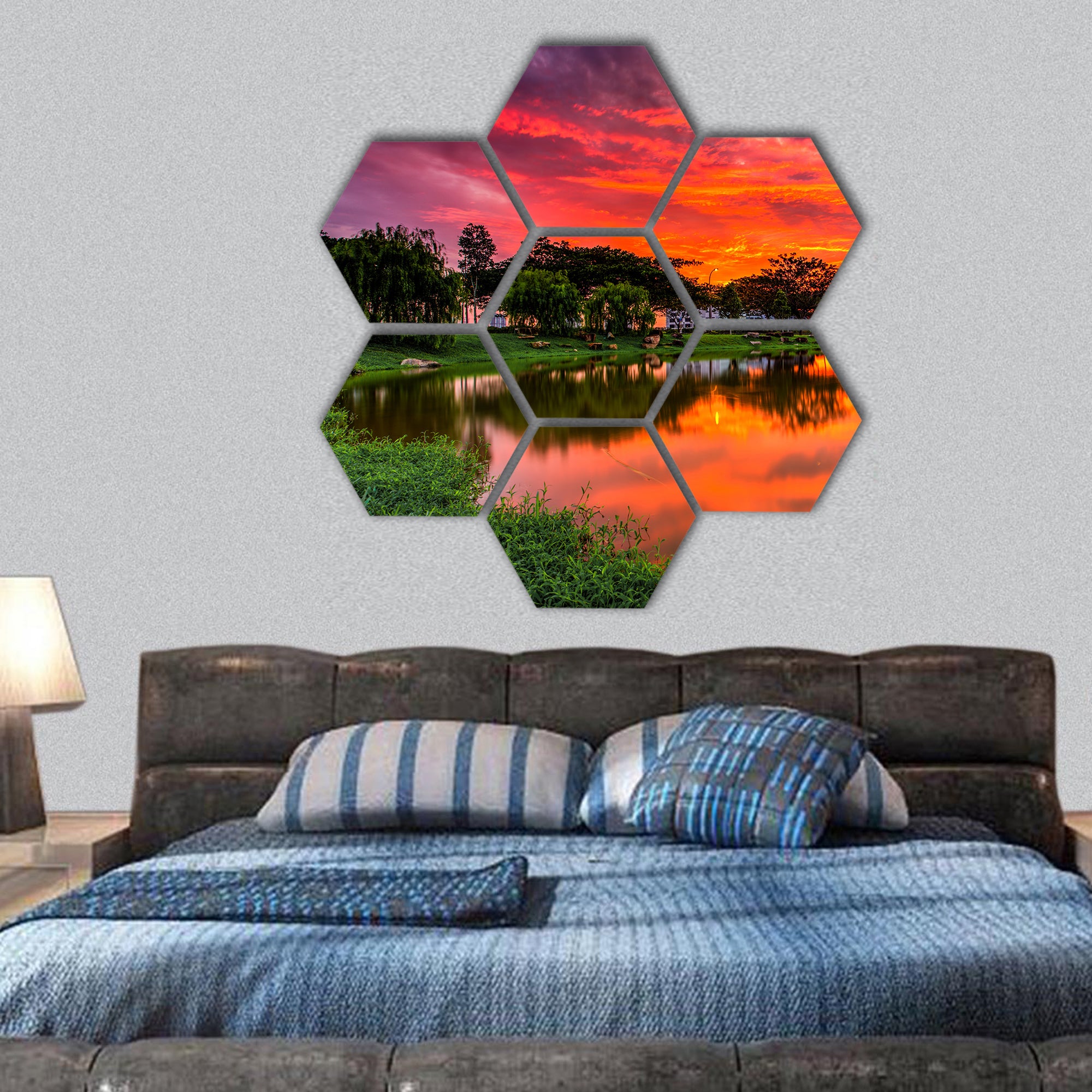 Sunset with Reflection of tree hexagonal canvas wall art