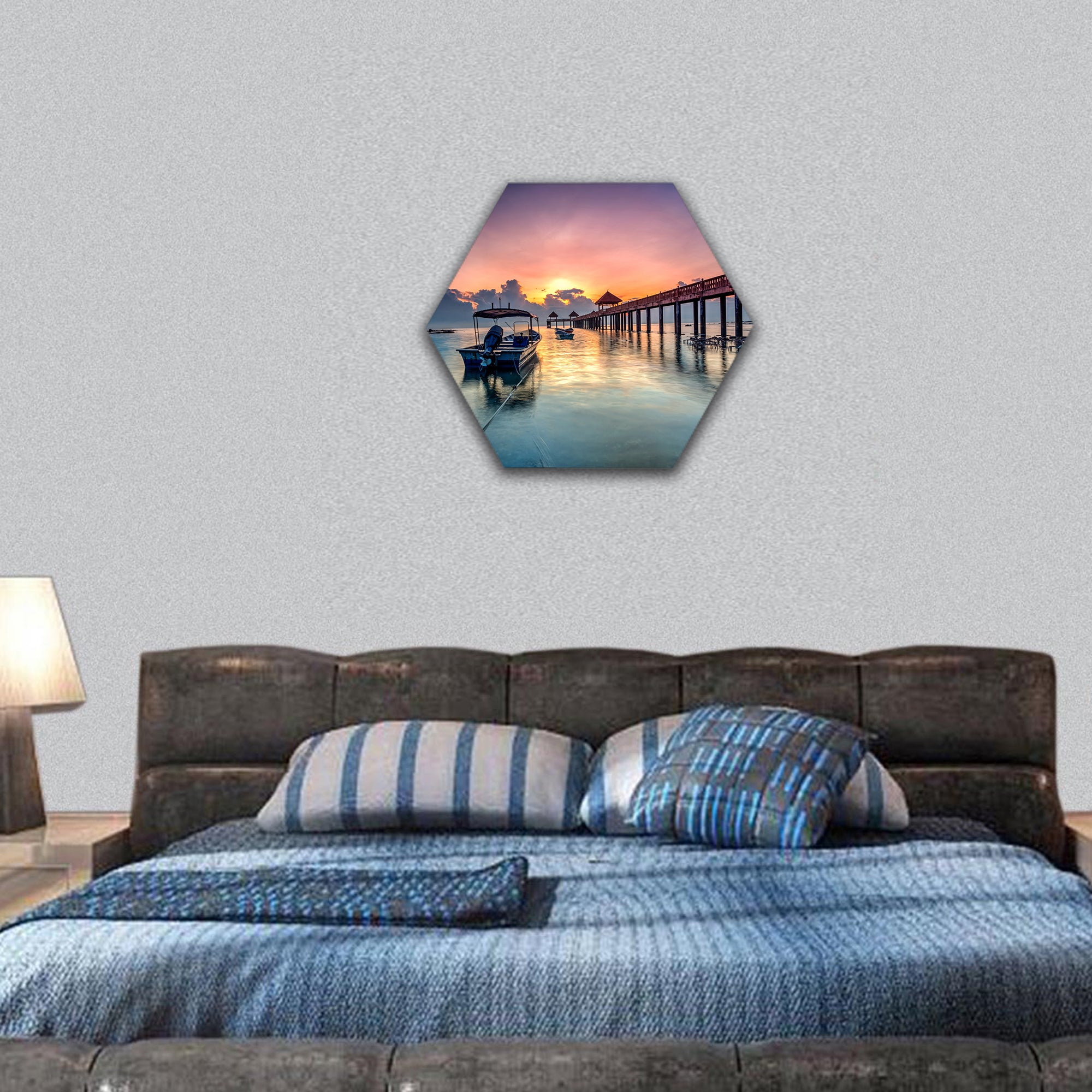 Golden sunrise with stone jetty hexagonal canvas wall art