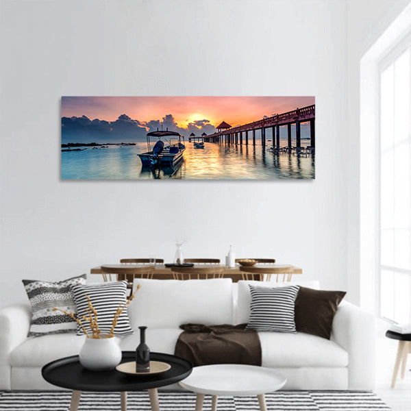 Golden sunrise with stone jetty panoramic canvas wall art