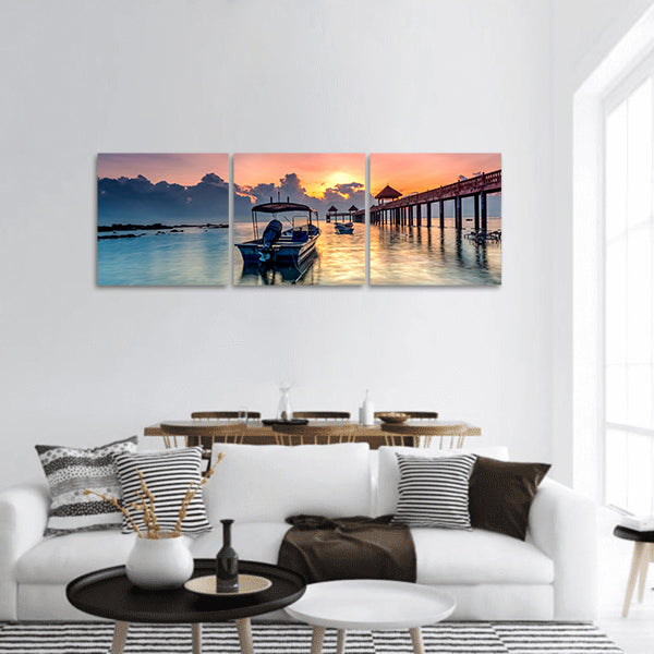 Golden sunrise with stone jetty panoramic canvas wall art
