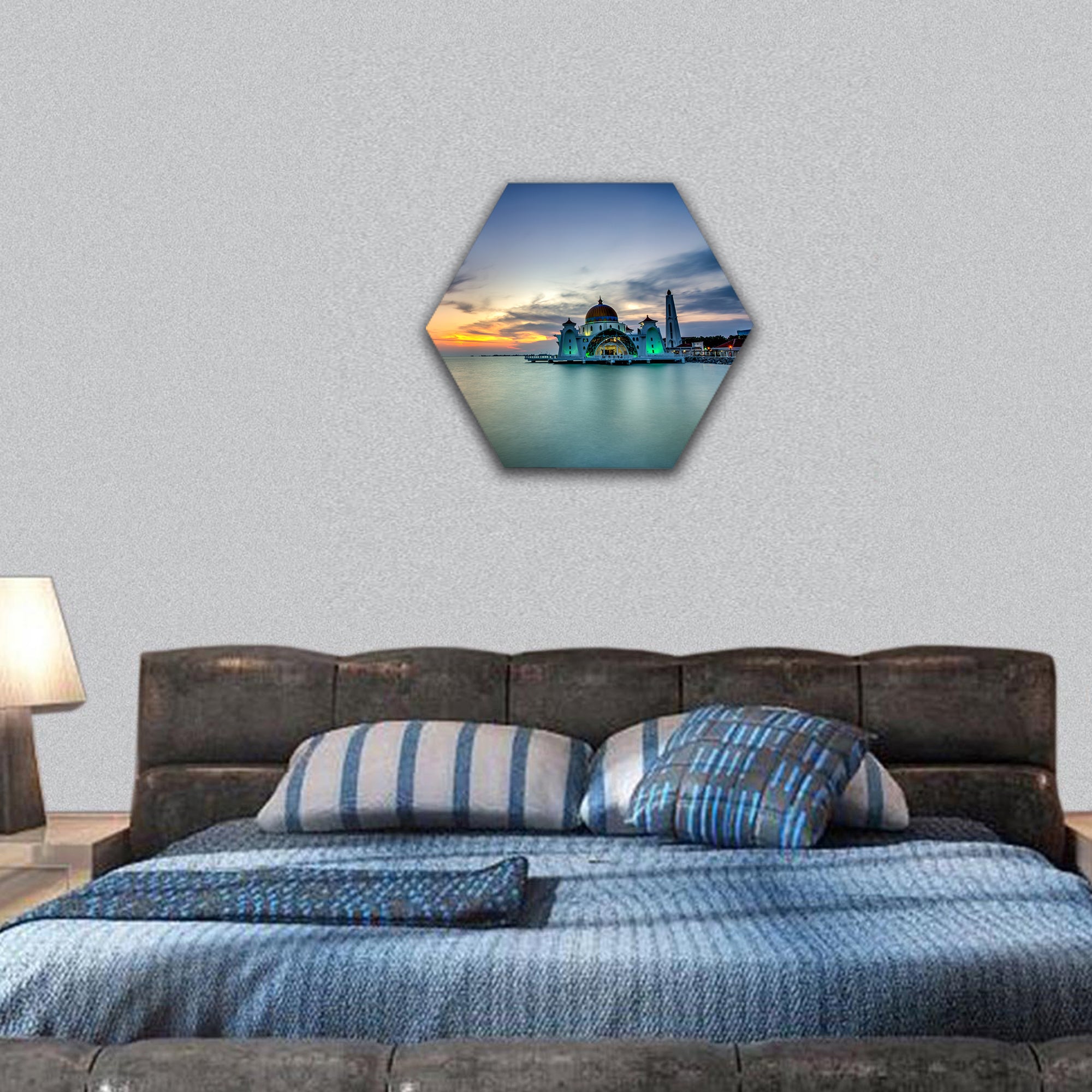 Sunset over the Malacca Straits Mosque hexagonal canvas wall art