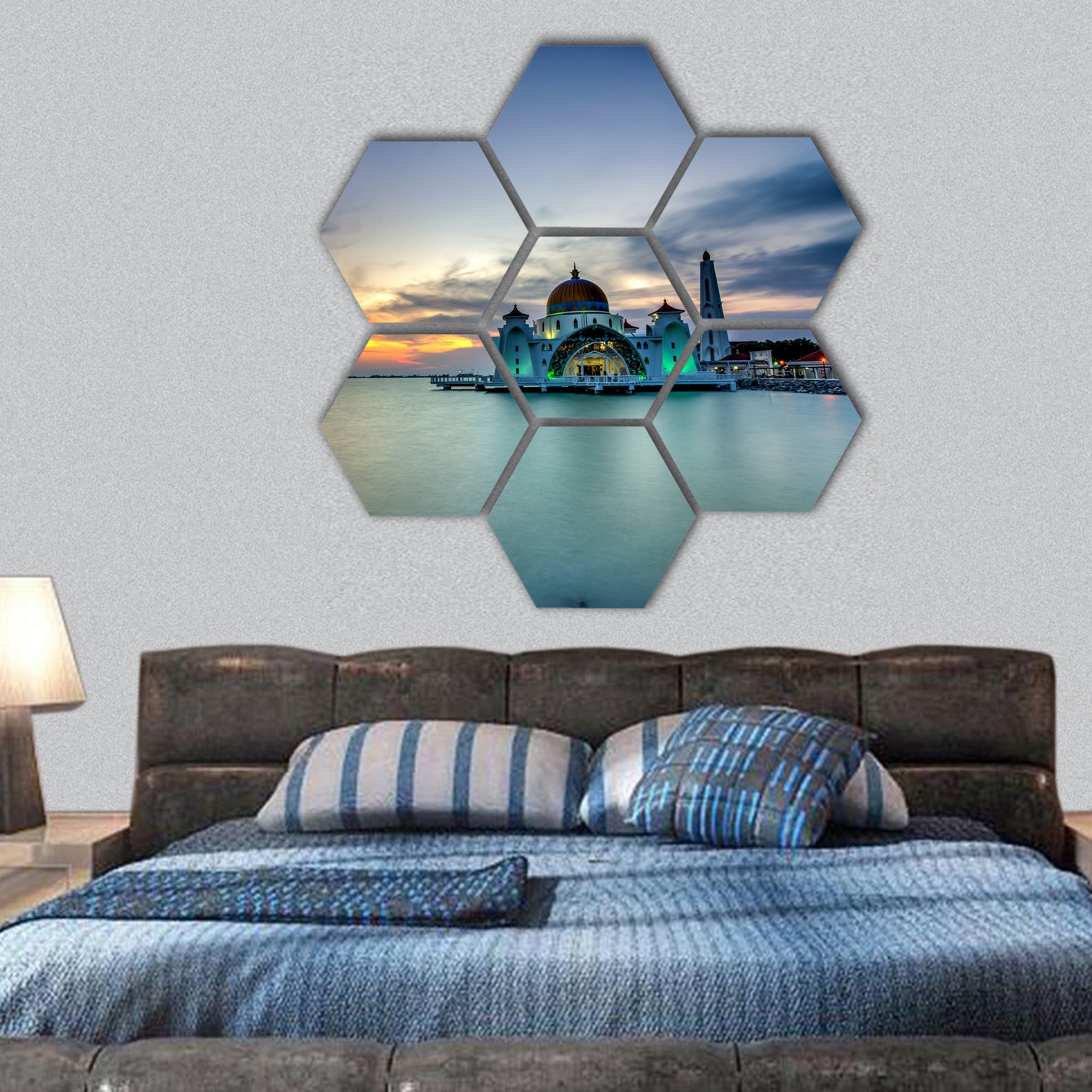 Sunset over the Malacca Straits Mosque hexagonal canvas wall art