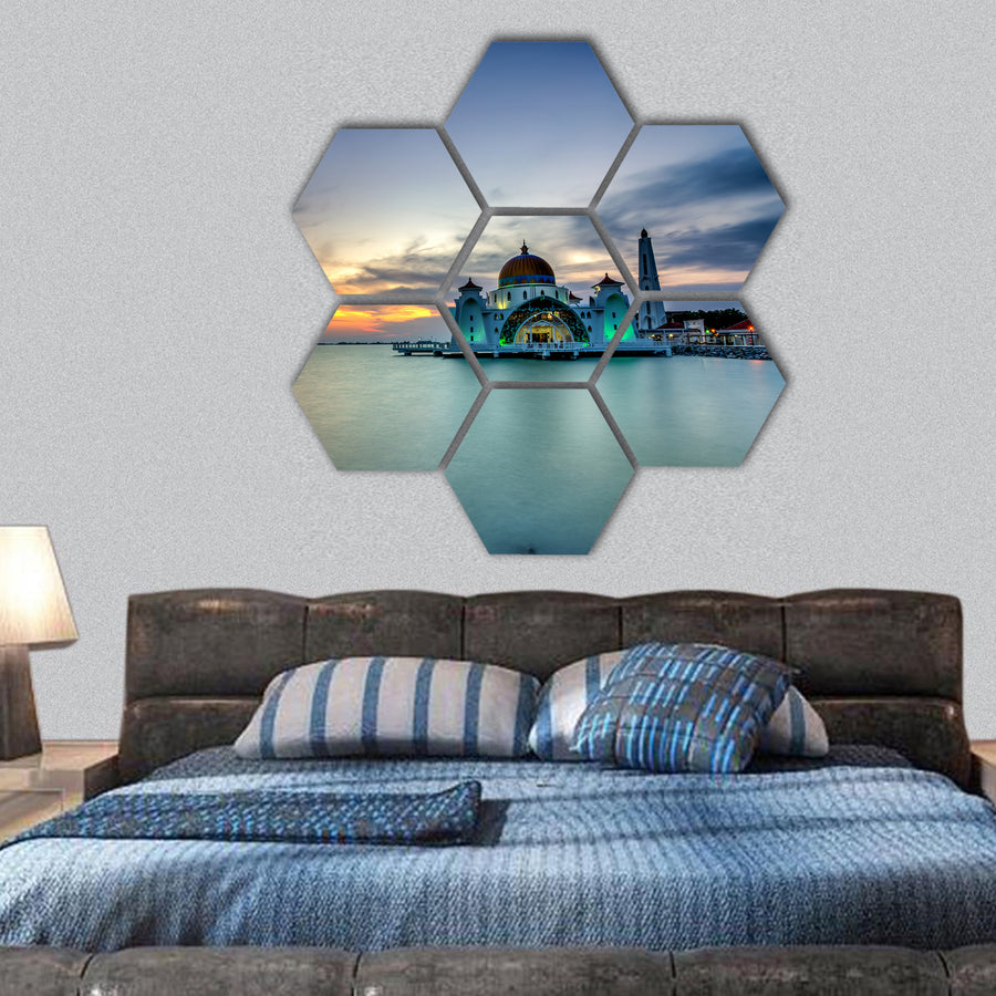 Sunset over the Malacca Straits Mosque hexagonal canvas wall art