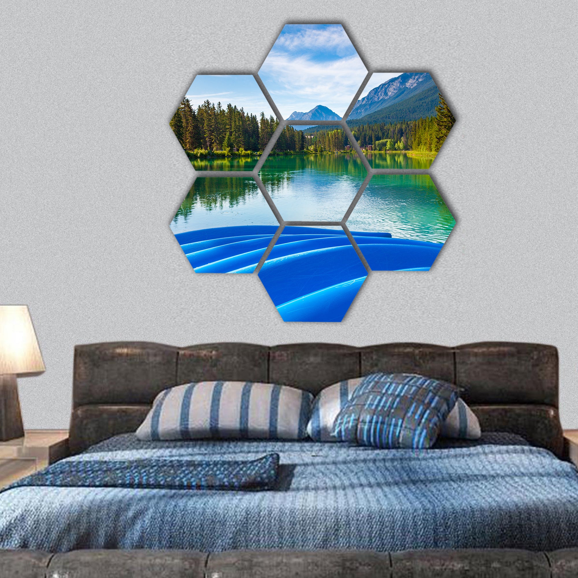Blue canoes on the shore of the Bow River hexagonal canvas wall art