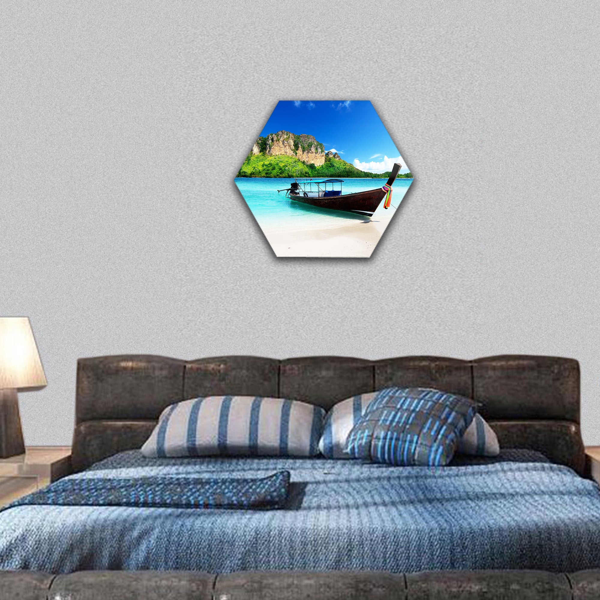 long boat and poda island in Thailand hexagonal canvas wall art