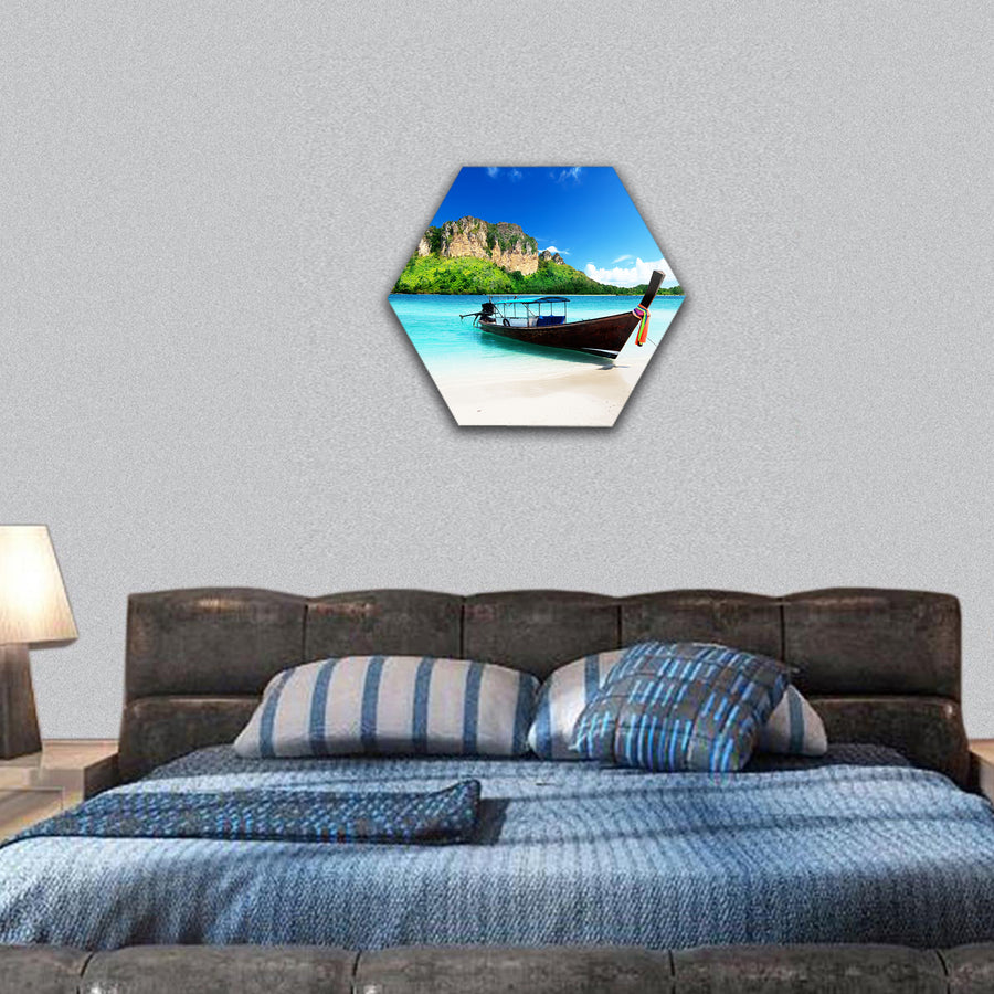 long boat and poda island in Thailand hexagonal canvas wall art