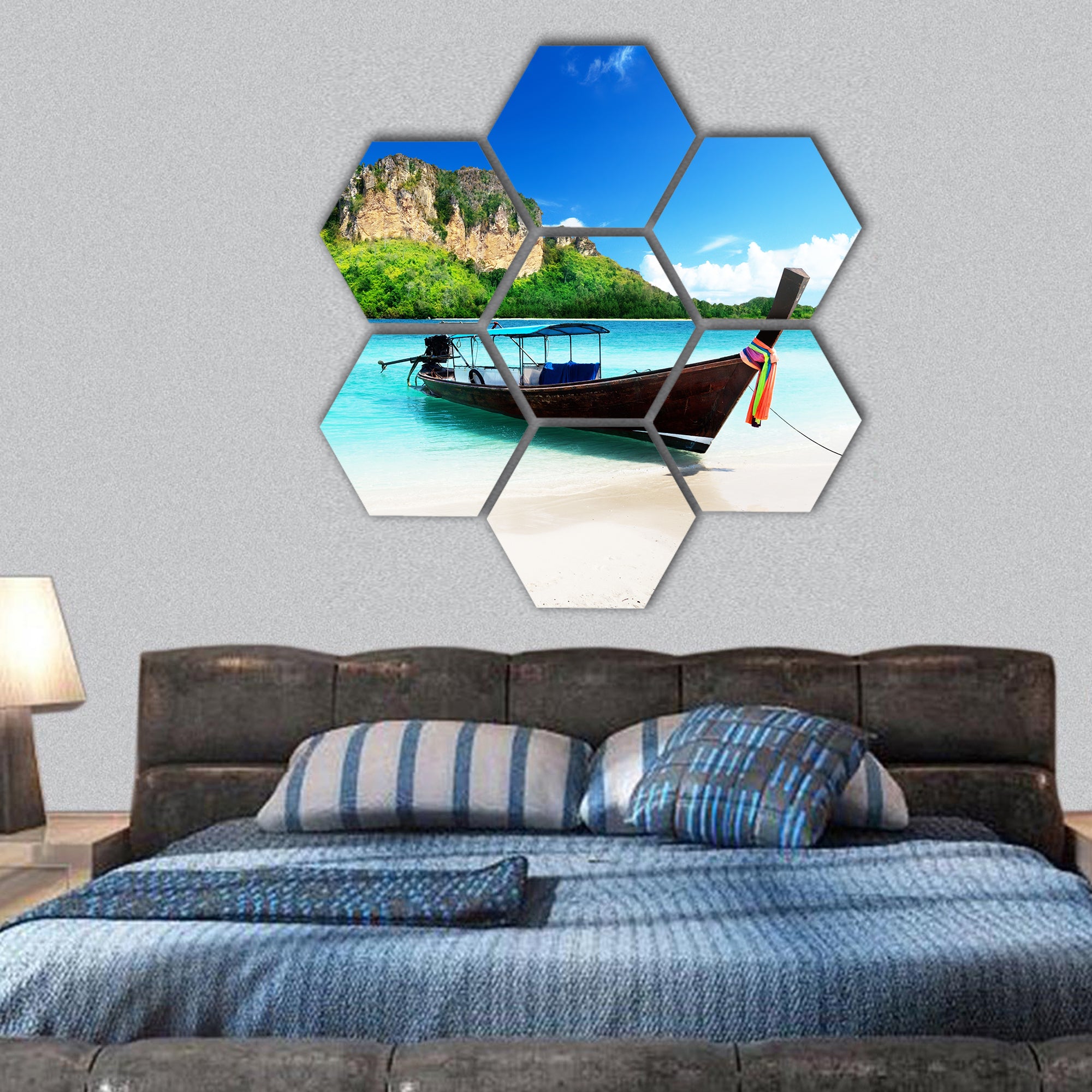 long boat and poda island in Thailand hexagonal canvas wall art