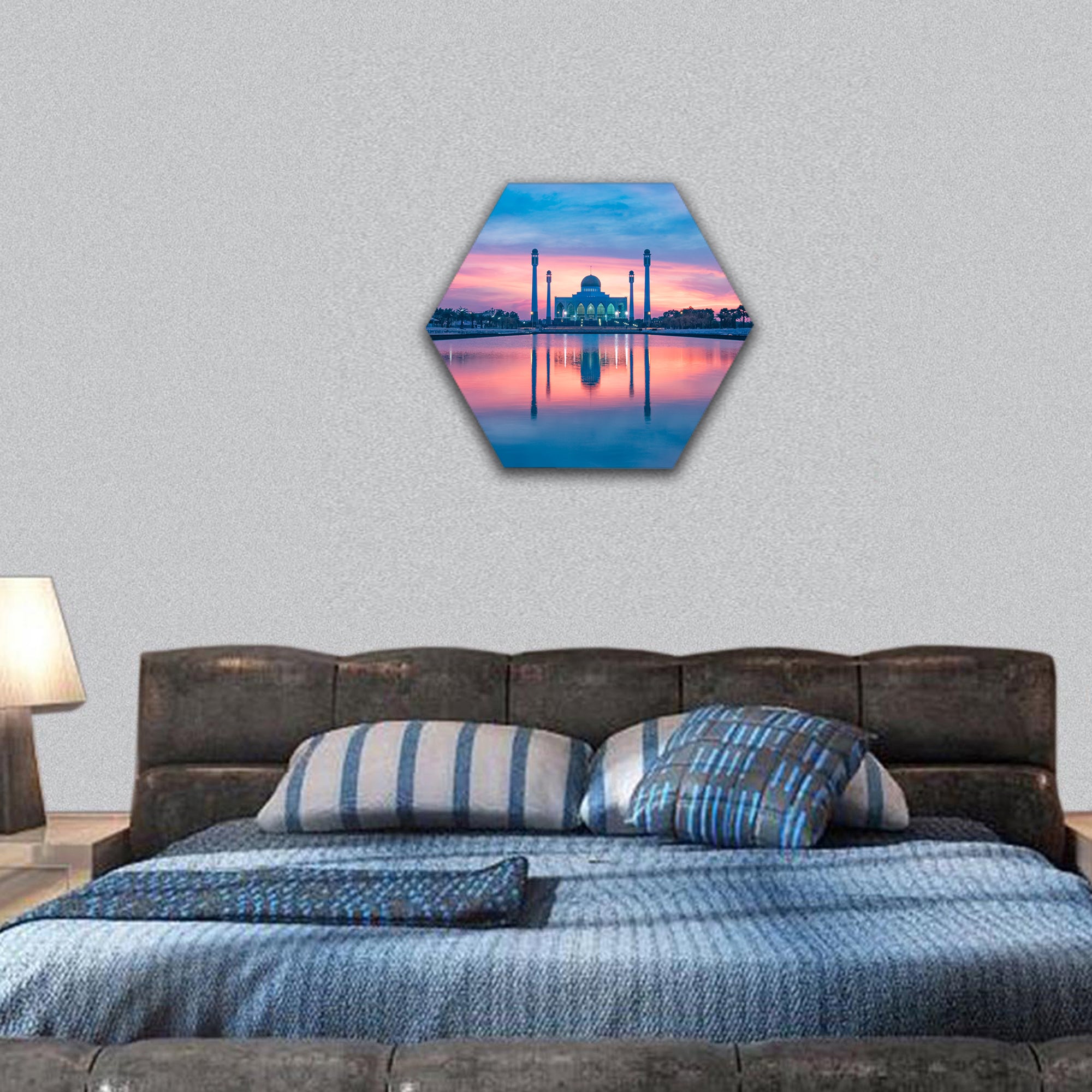 Mosque building shot during sunset hexagonal canvas wall art